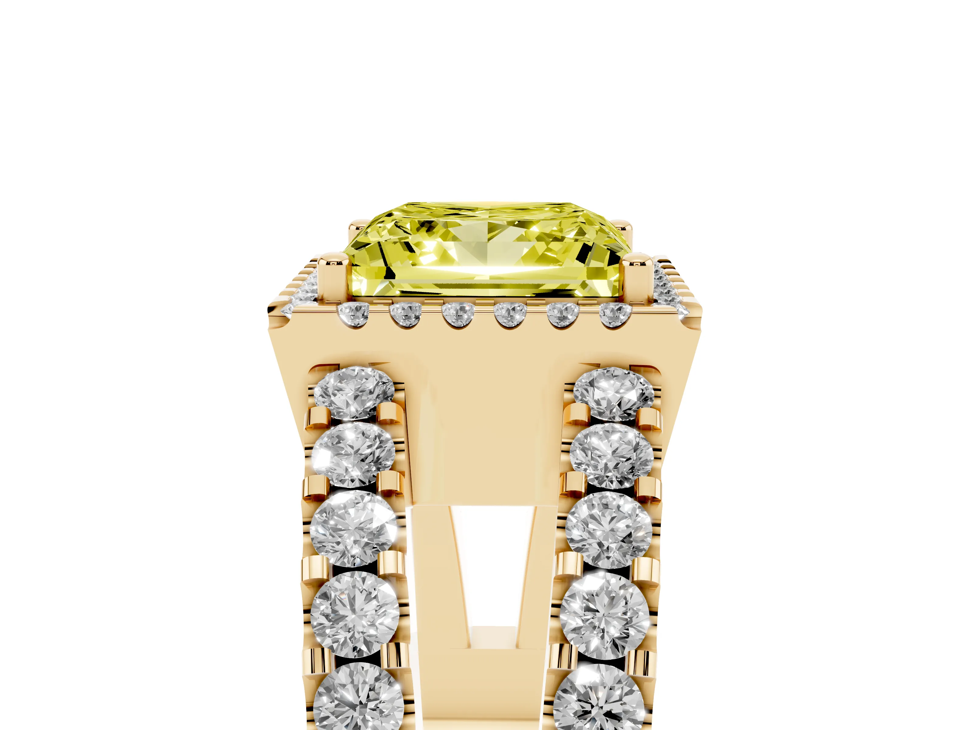 Fancy Yellow Princess Cut Diamond Halo Ring Set in Yellow gold with Pavé Split Shank and Prong Setting