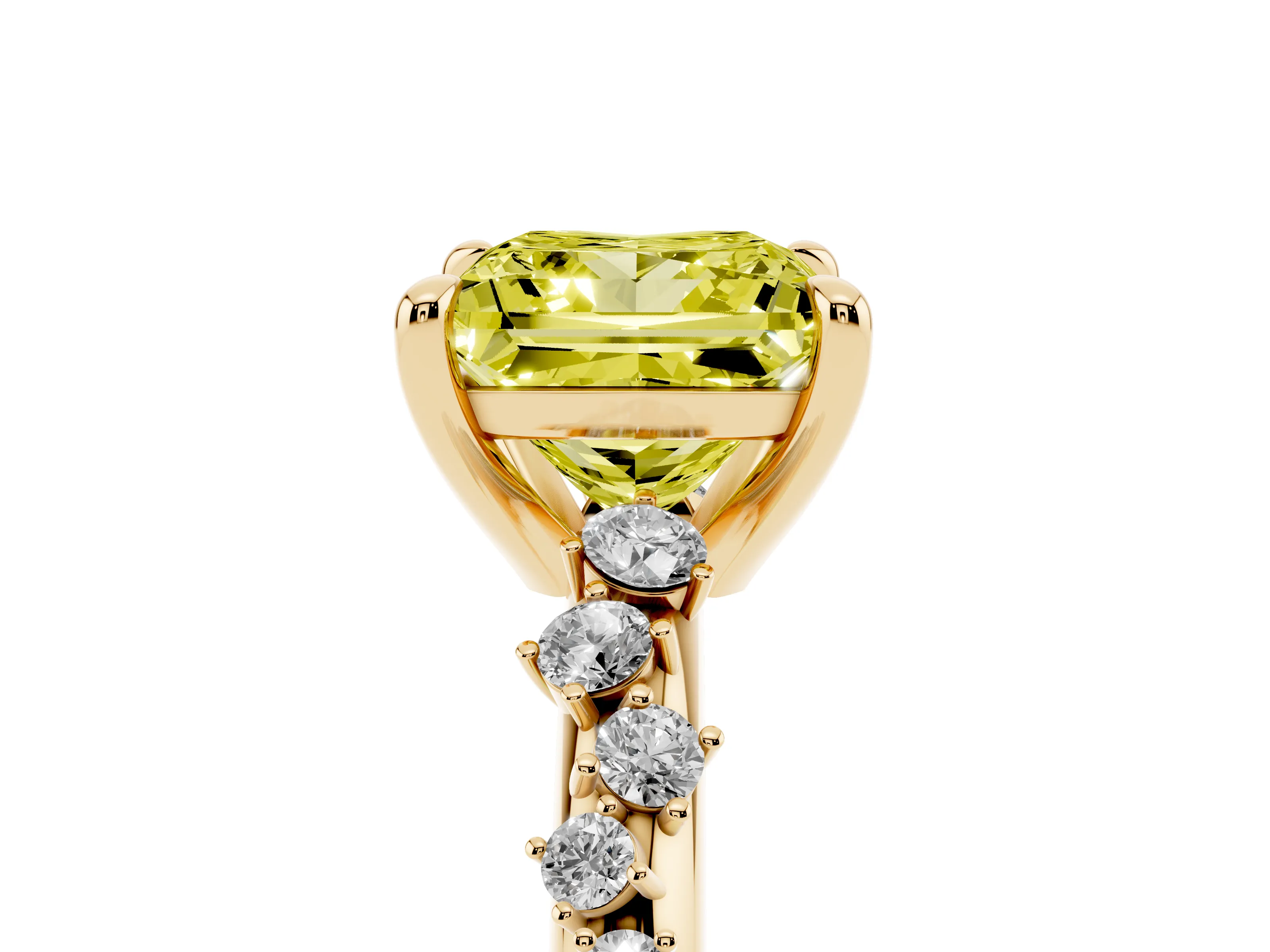 Fancy Yellow Princess Cut Diamond Solitaire Vine Band Ring Set in Yellow gold with Round Accents and Prong Setting