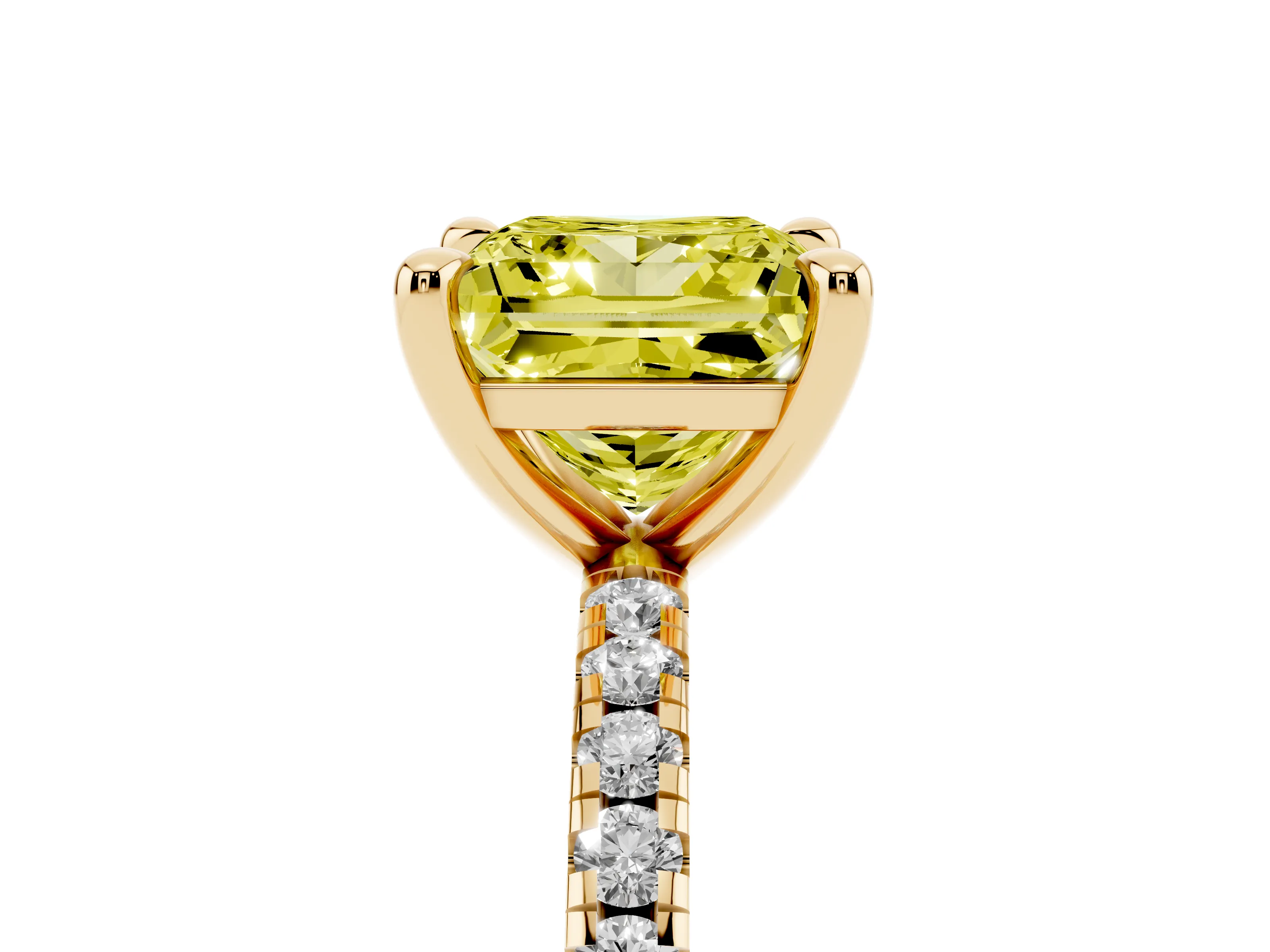 Fancy Yellow Princess Cut Diamond Brilliant Solitaire Ring Set in Yellow gold with Pavé Band and Prong Setting