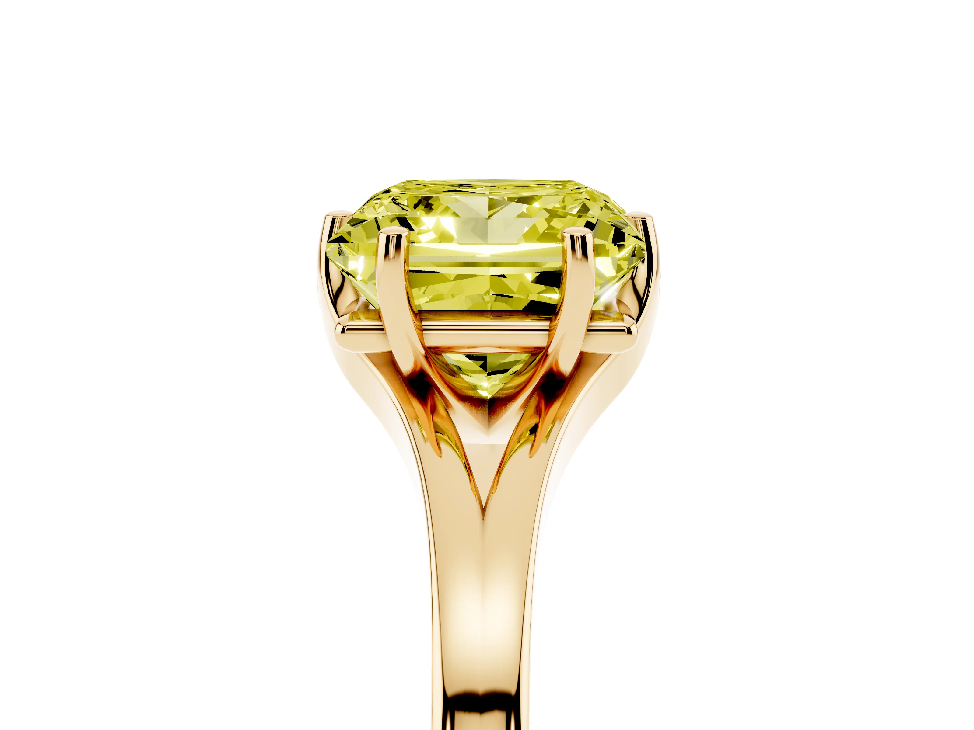 Fancy Yellow Princess Cut Diamond Solitaire Ring Set in Yellow gold with Polished Tapered Band and Prong Setting