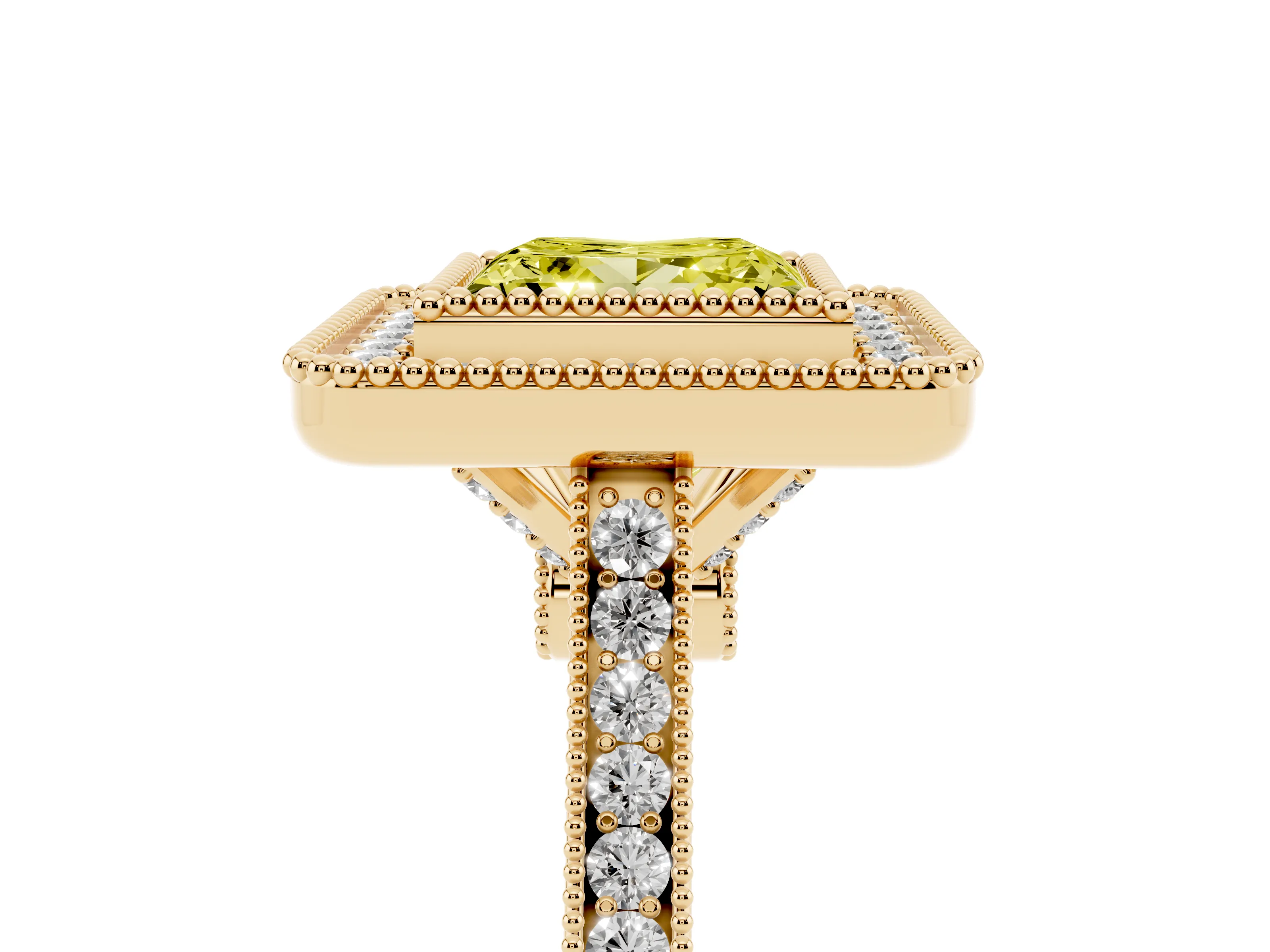 Fancy Yellow Princess Cut Diamond Halo Ring Set in Yellow gold with Milgrain Frame and Pavé Band