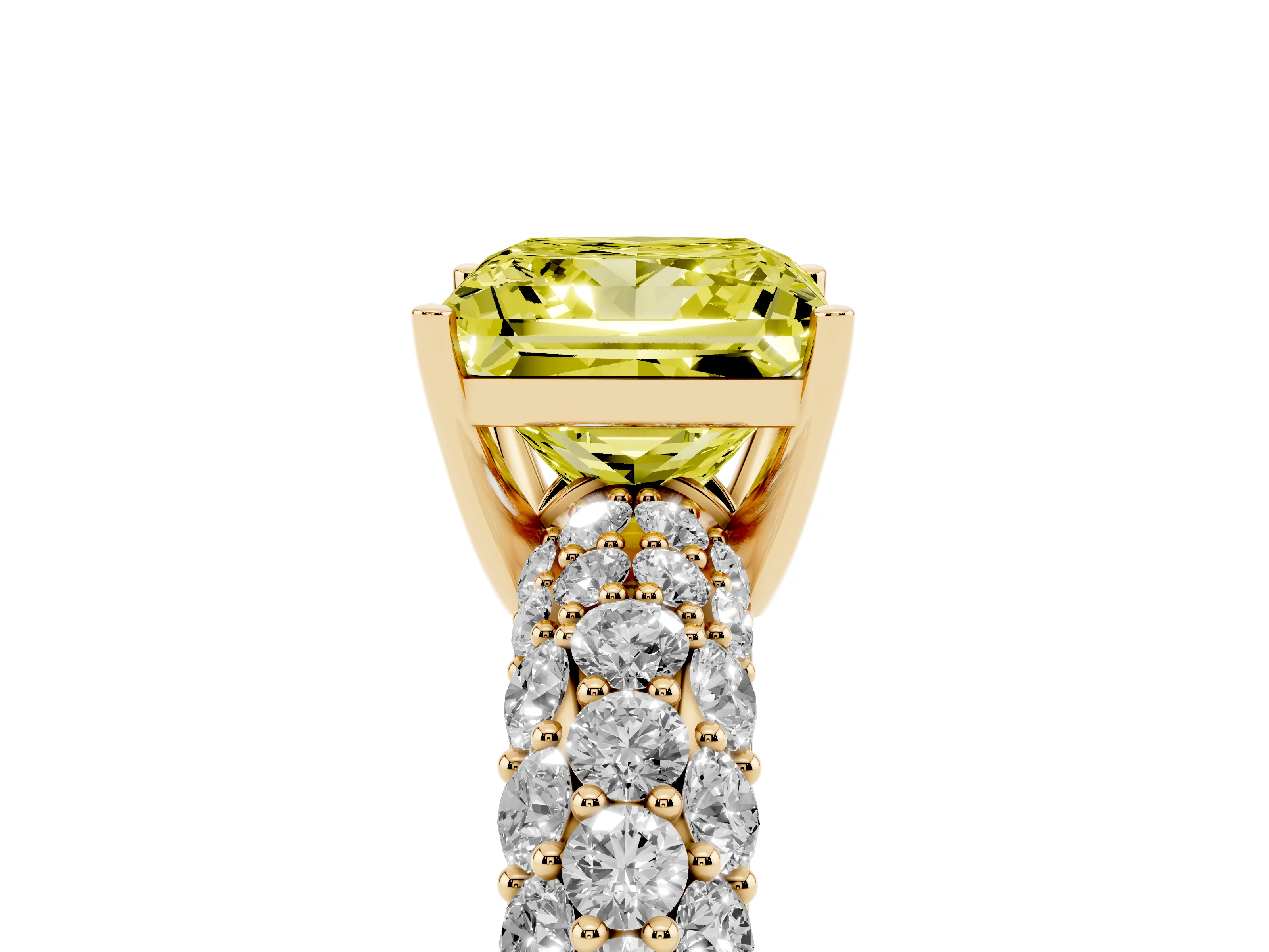 Fancy Yellow Princess Cut Diamond Pavé Band Solitaire Ring Set in Yellow gold with Close-Set Accent Stones and Prong Setting