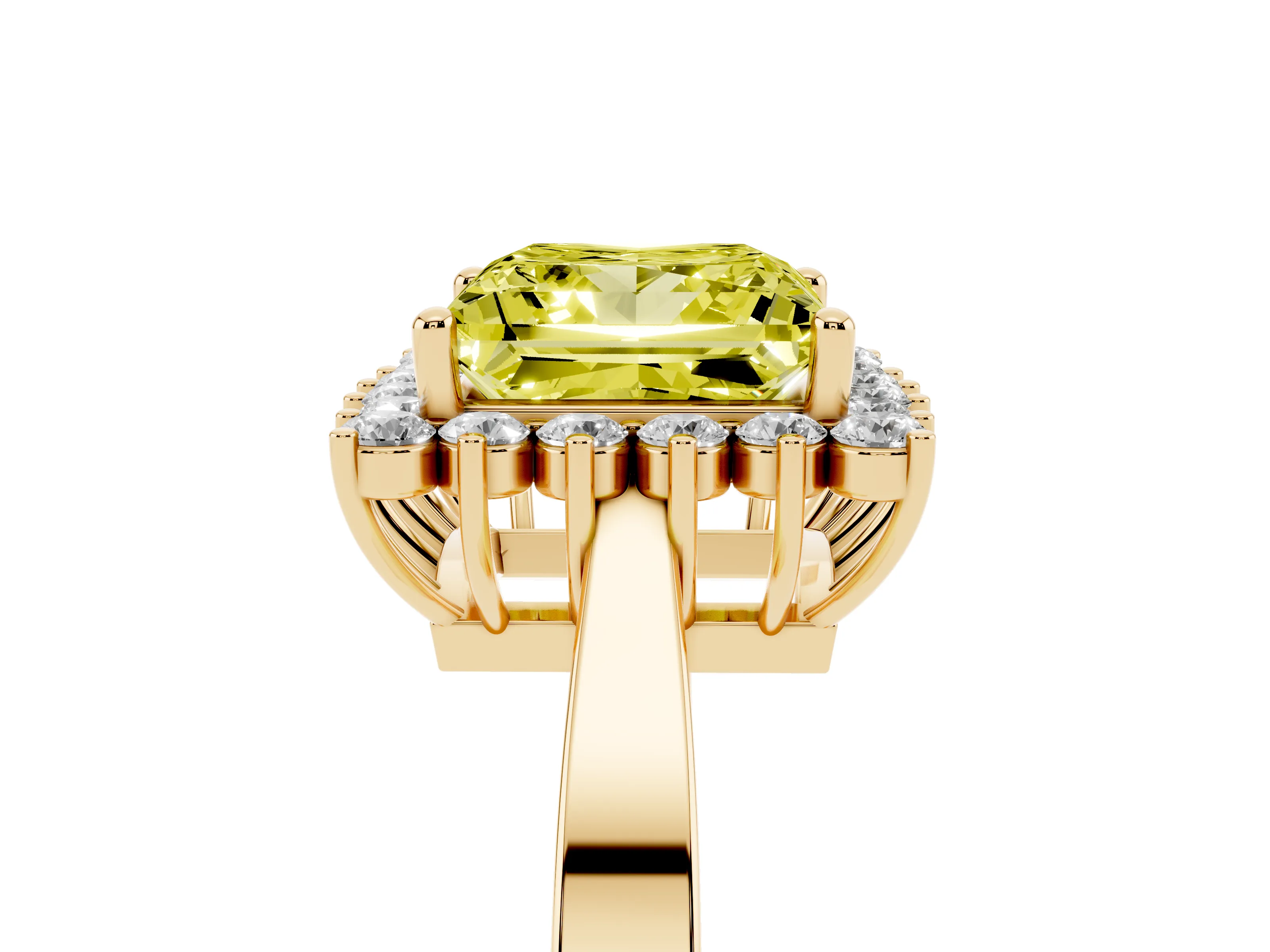 Fancy Yellow Princess Cut Diamond Halo Ring Set in Yellow gold with Round Halo and Smooth Solitaire Band