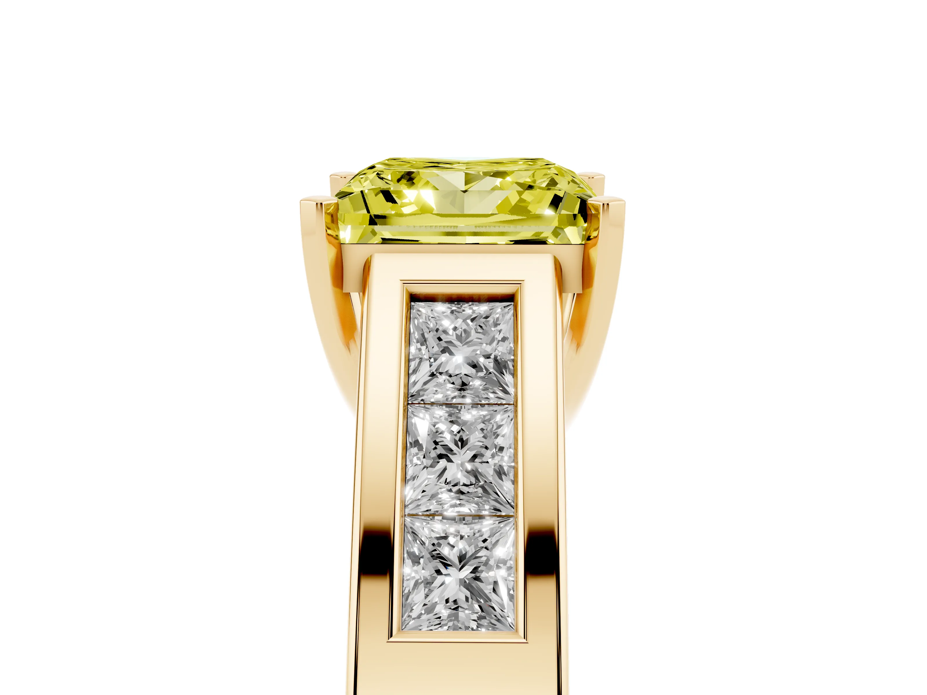 Fancy Yellow Princess Cut Diamond Solitaire Ring Set in Yellow gold with Channel-Set Accent Stones and Prong Setting