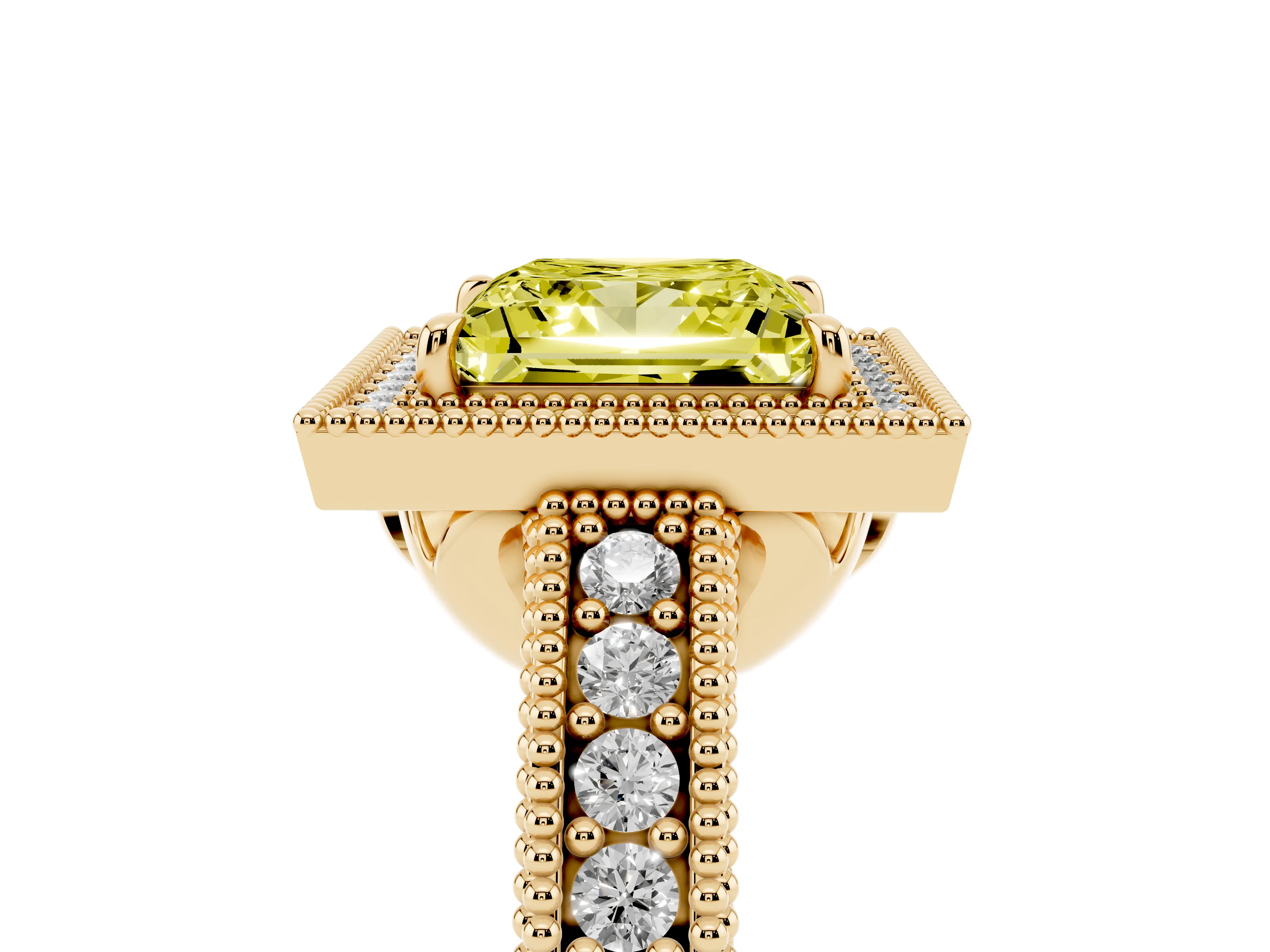 Fancy Yellow Princess Cut Diamond Halo Ring Set in Yellow gold with Round Accent Halo, Pavé Band and Prong Setting