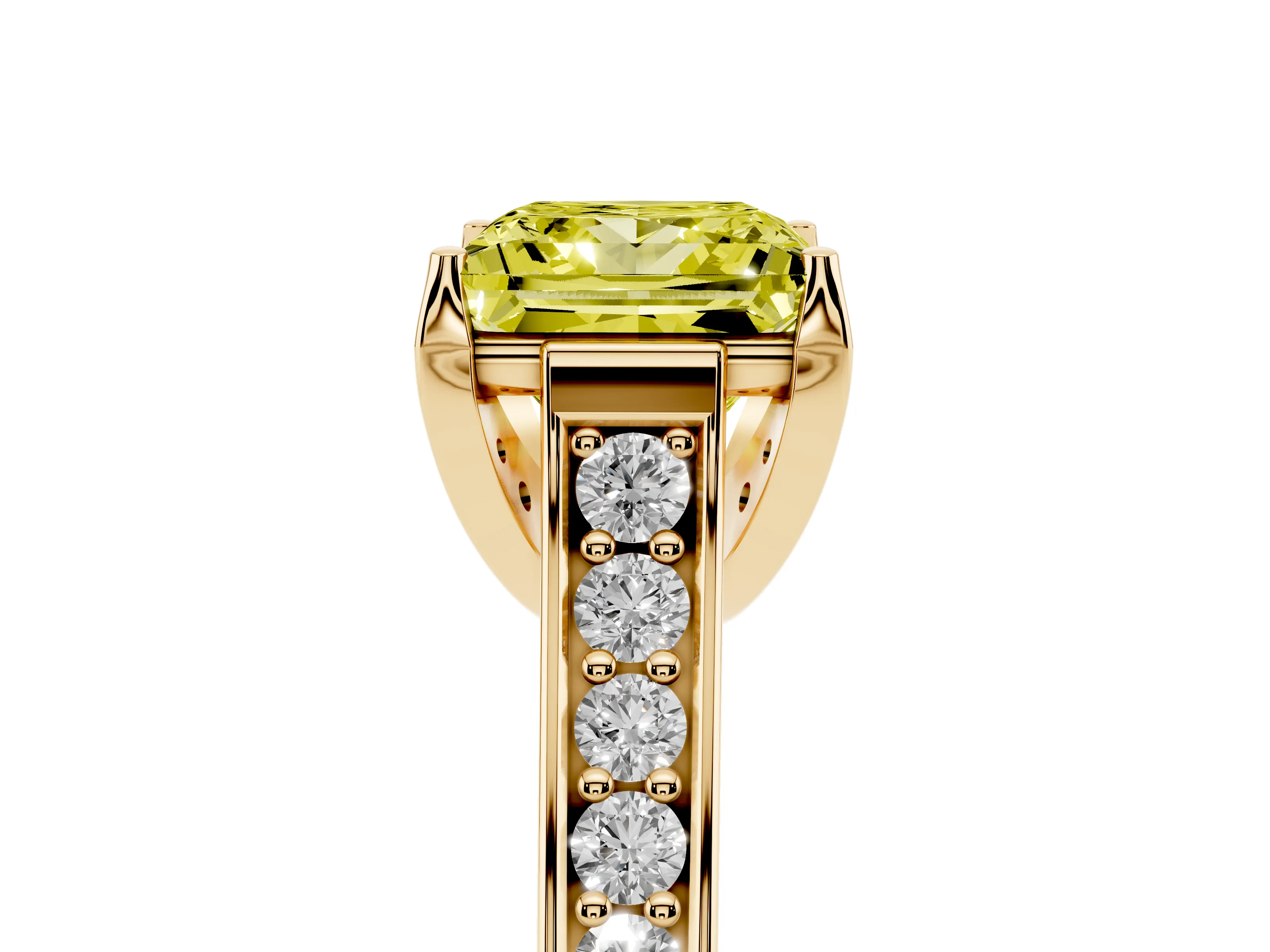 Fancy Yellow Princess Cut Diamond Solitaire Pavé Engagement Ring Set in Yellow gold with Prong Setting