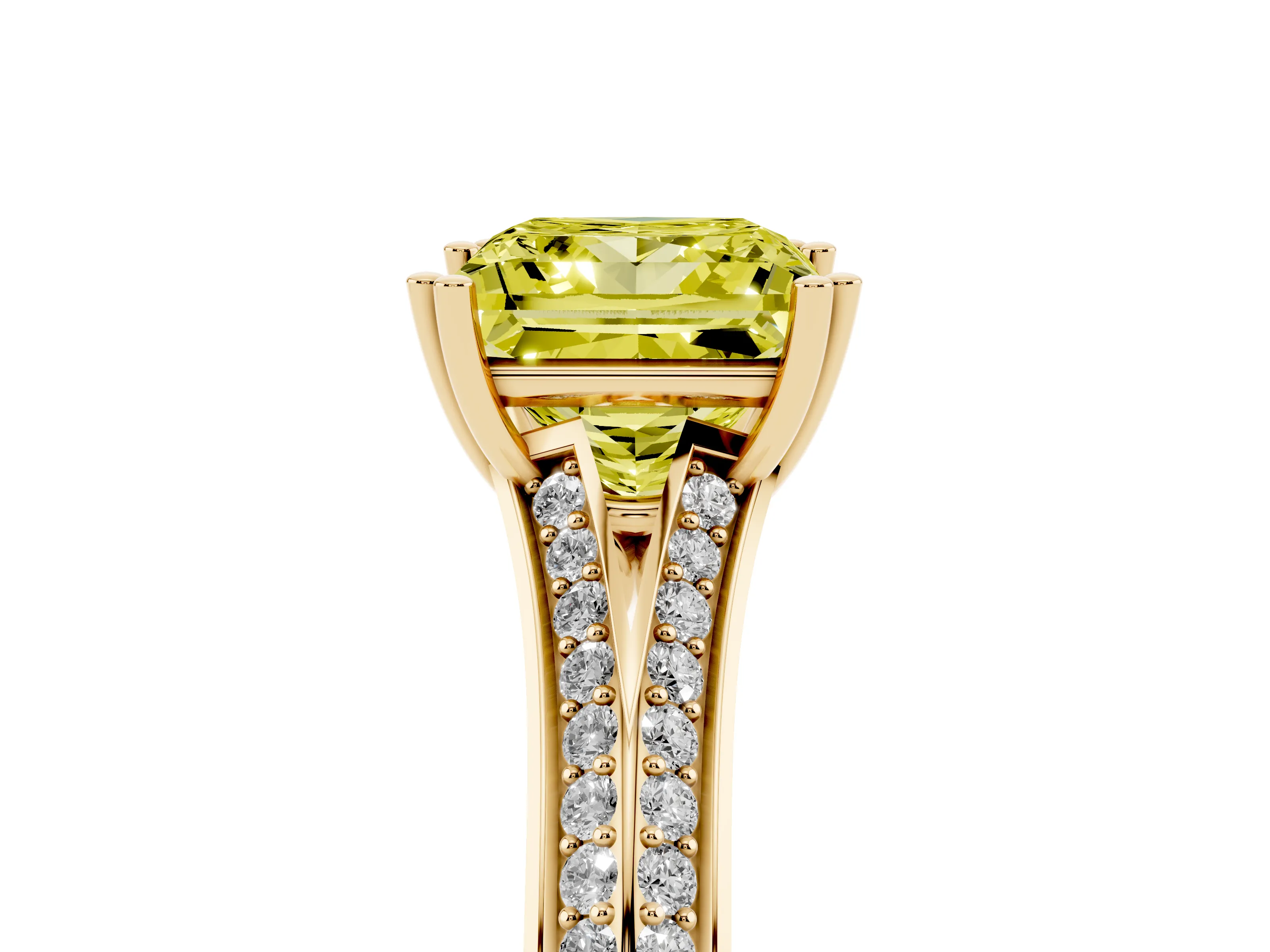 Fancy Yellow Princess Cut Diamond Split Shank Pavé Engagement Ring Set in Yellow gold with Prong-Set Center Stone