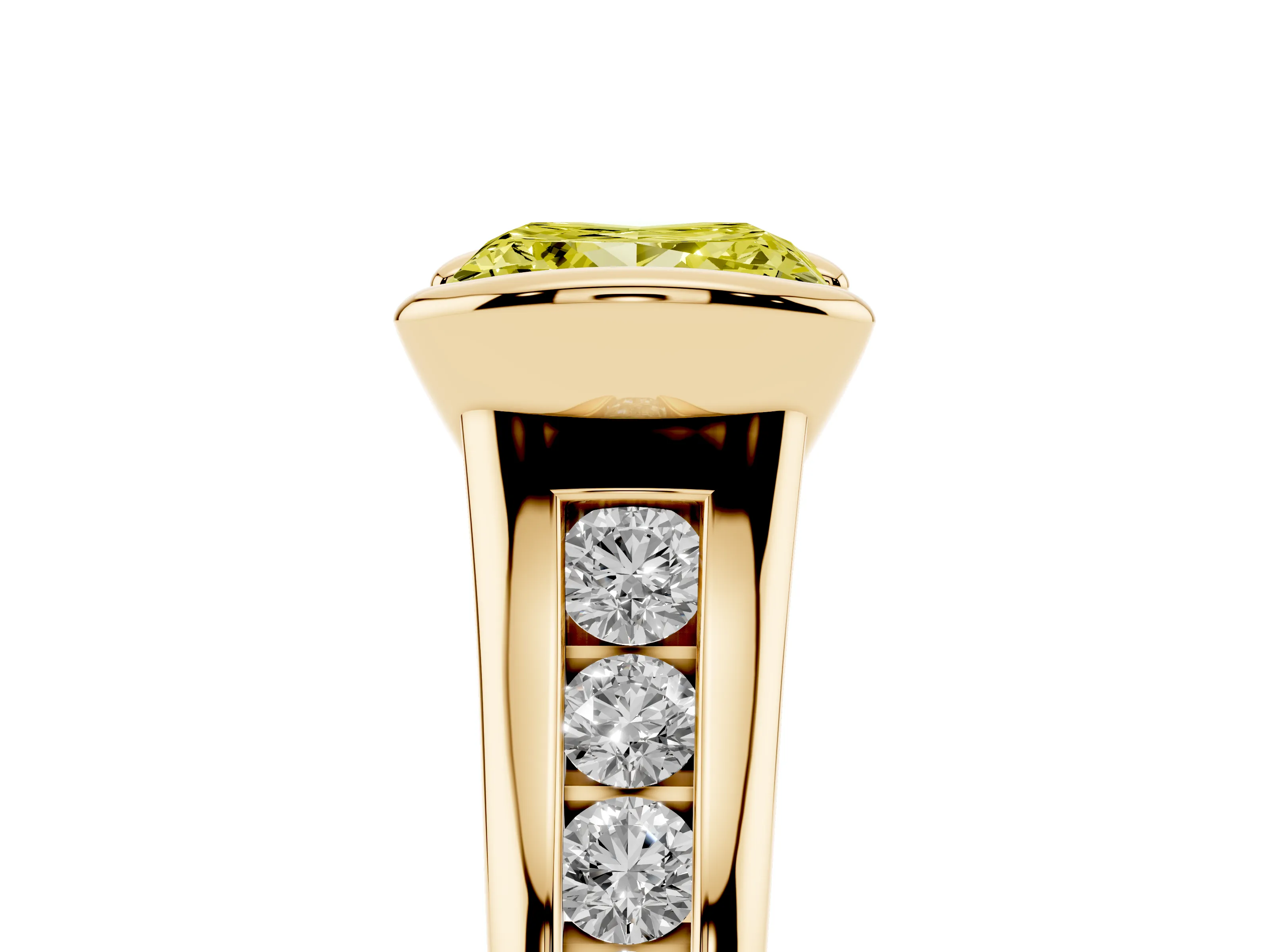 Fancy Yellow Princess Cut Diamond Bezel-Set Solitaire Ring Set in Yellow gold with Channel-Set Band