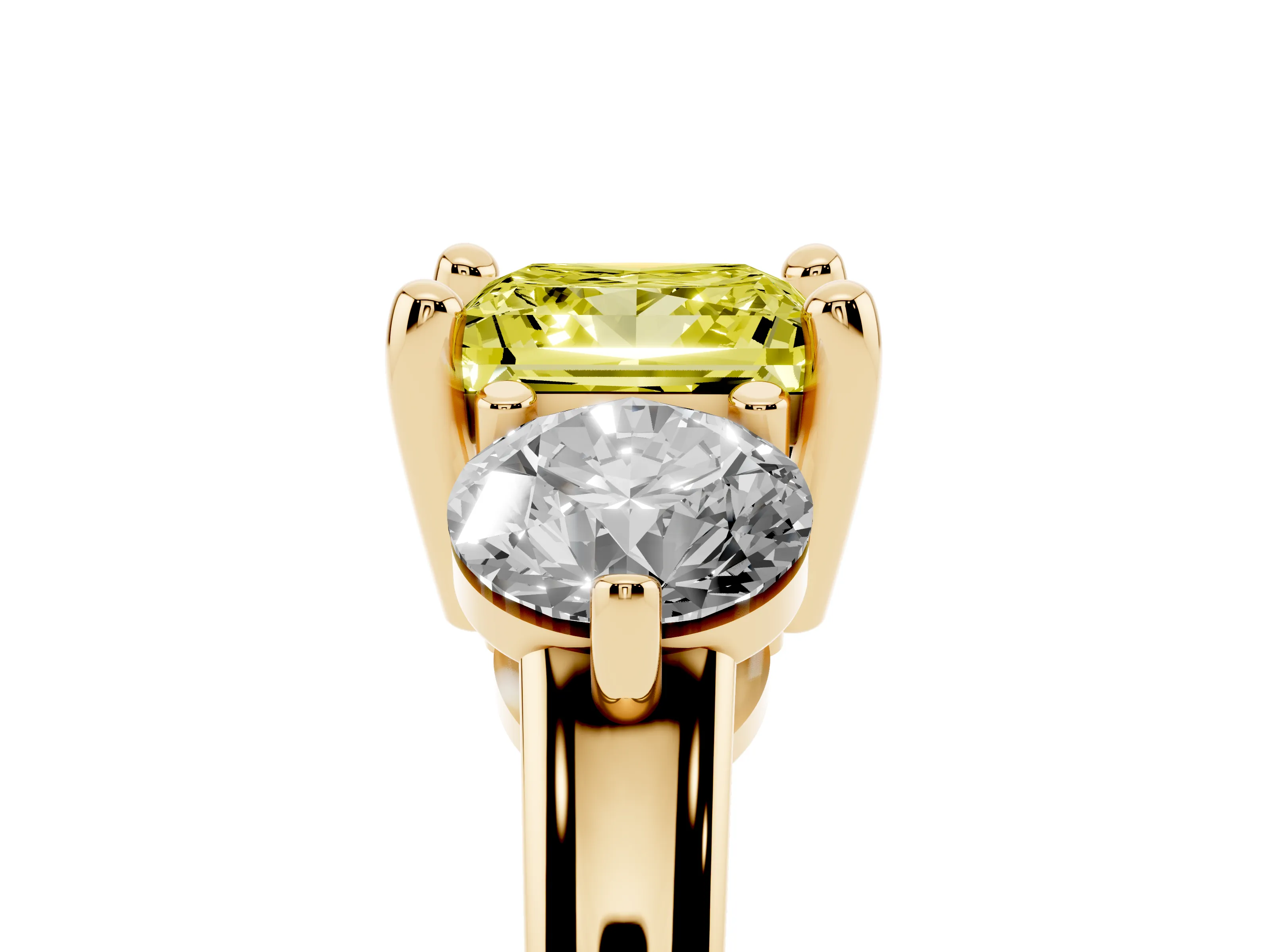 Fancy Yellow Princess Cut Diamond Three-Stone Ring Set in Yellow gold with Prong Setting and Classic Band
