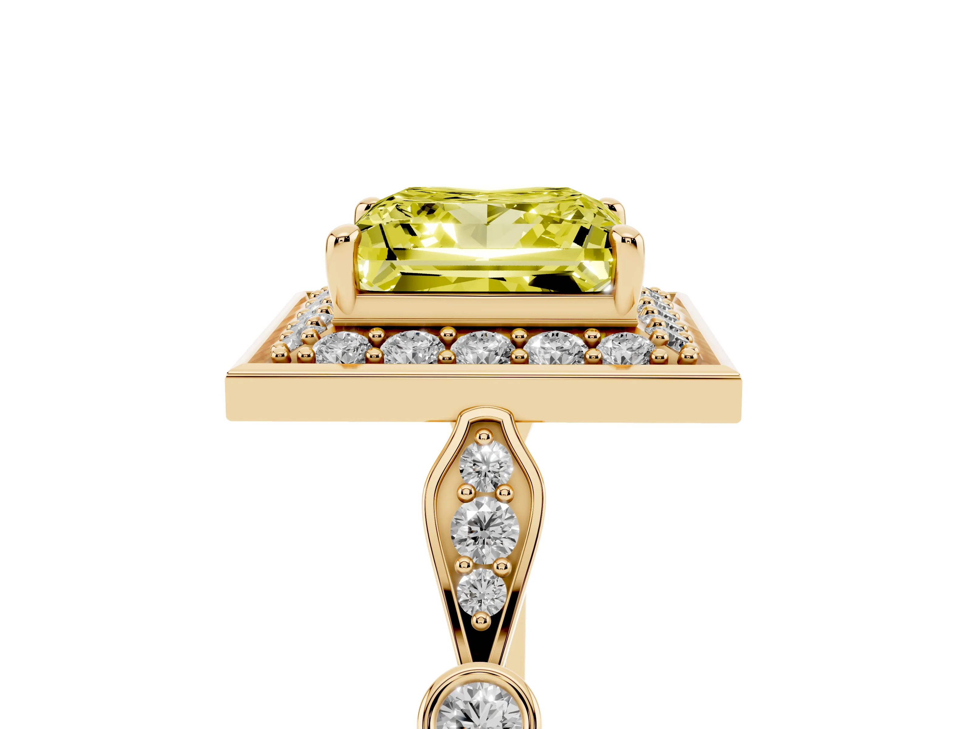 Fancy Yellow Princess Cut Diamond Halo Engagement Ring Set in Yellow gold with Twisted Band and Prong Setting