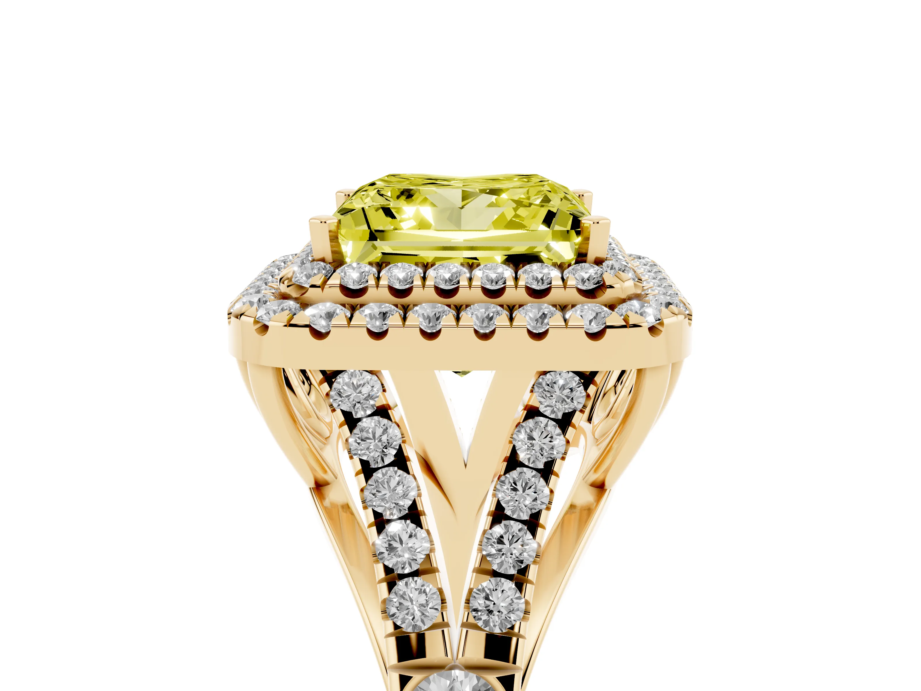 Fancy Yellow Princess Cut Diamond Pavé Split Shank Double Halo Engagement Ring Set in Yellow gold