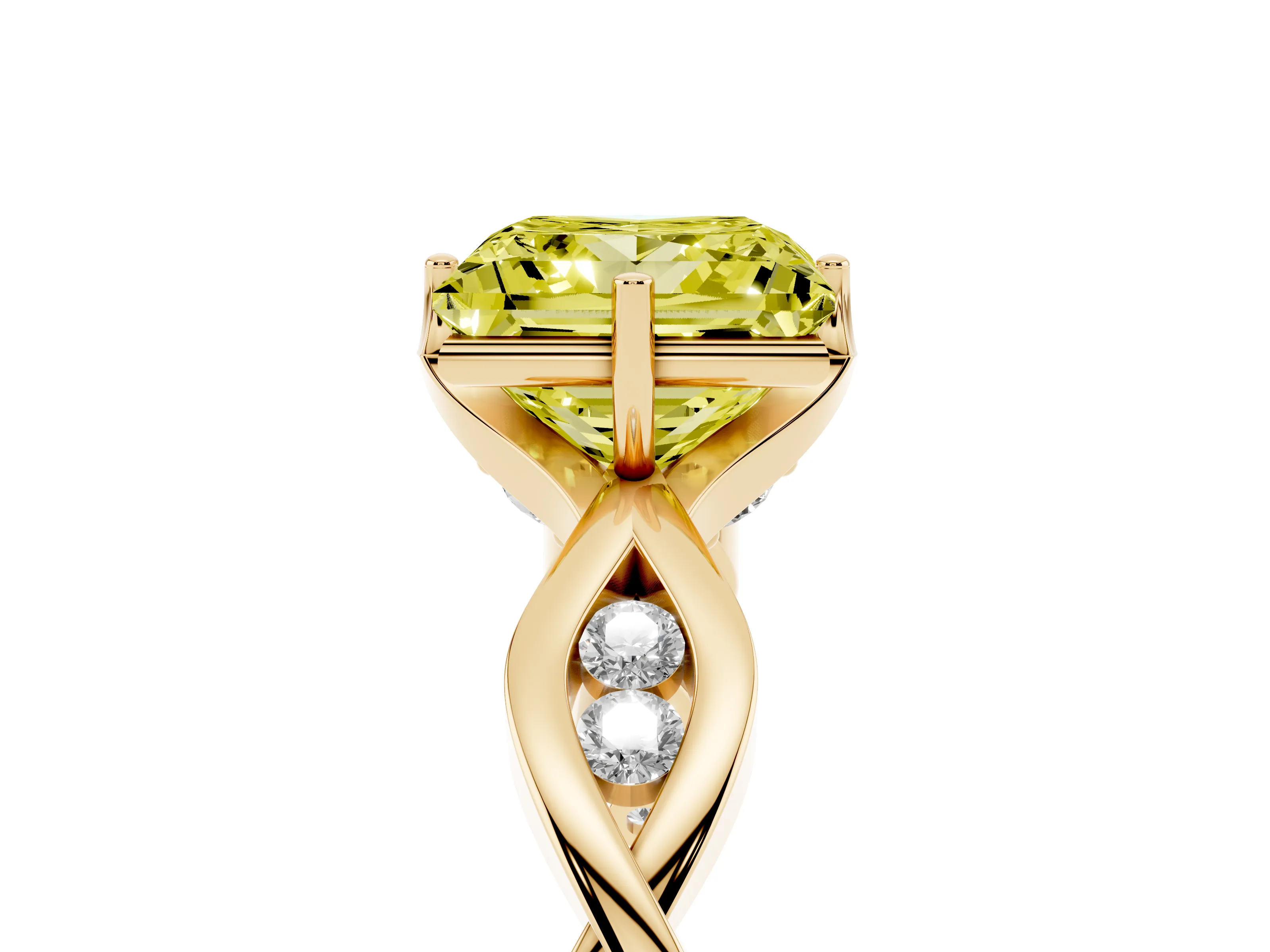 Fancy Yellow Princess Cut Diamond Twist Band Solitaire Ring Set in Yellow gold with Leaf Prong Setting and Accent Stones
