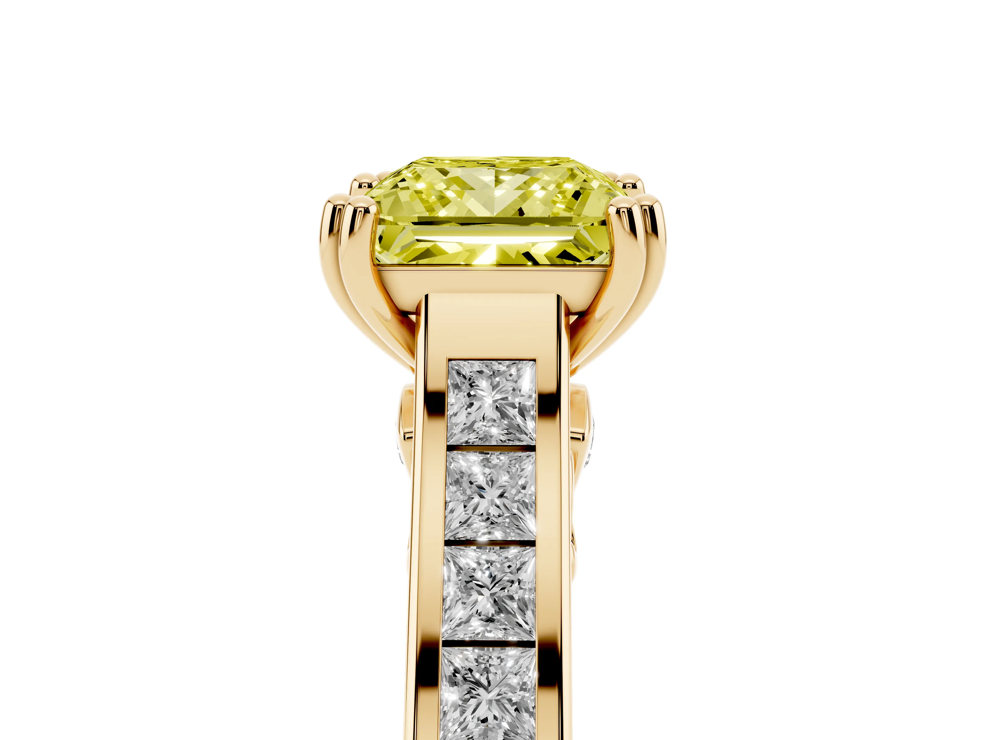 Fancy Yellow Princess Cut Diamond Channel Set Solitaire Engagement Ring Set in Yellow gold with Prong Setting