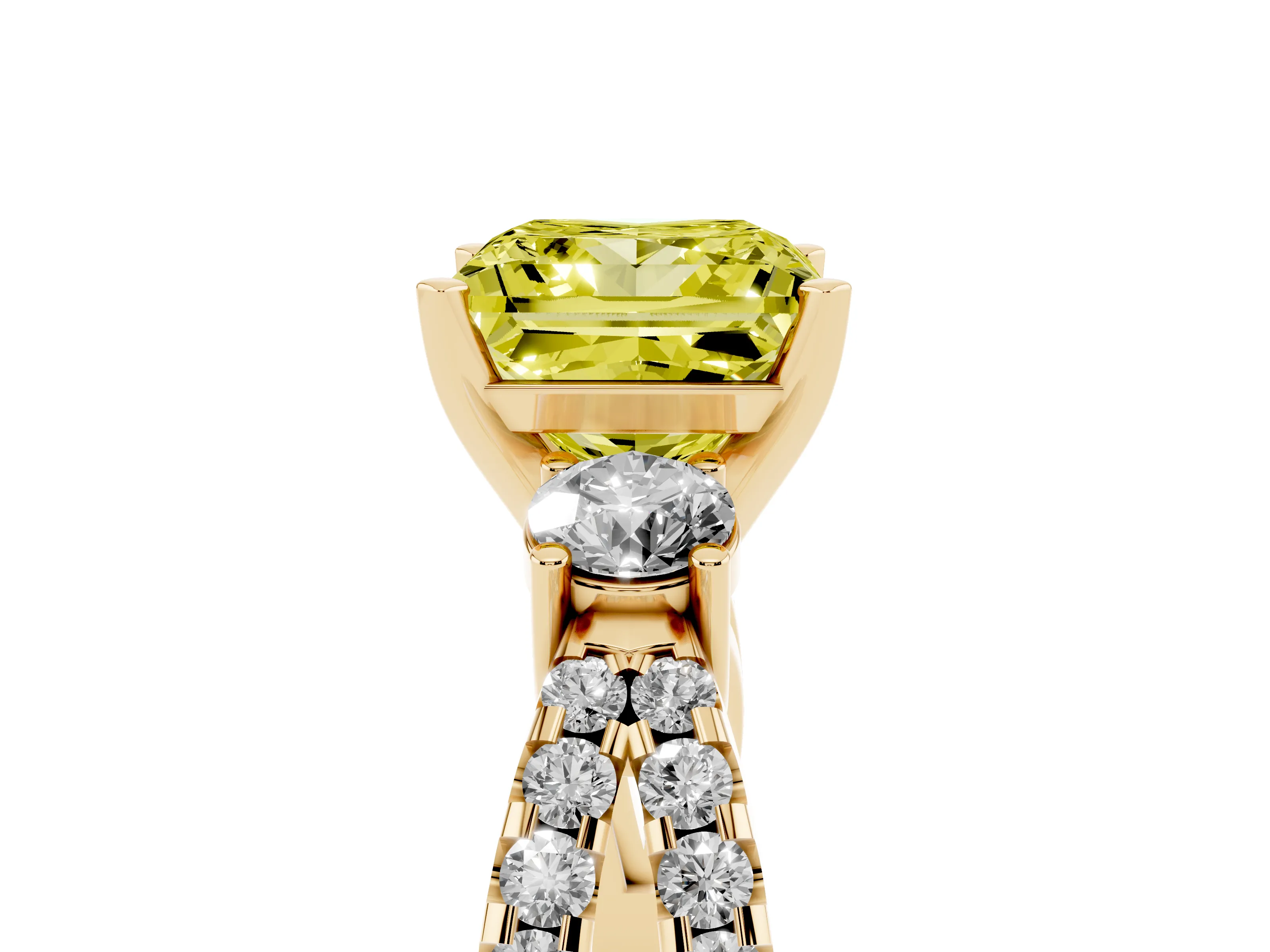 Fancy Yellow Princess Cut Diamond Three-Stone Ring Set in Yellow gold with Pavé Split Shank and Prong Setting