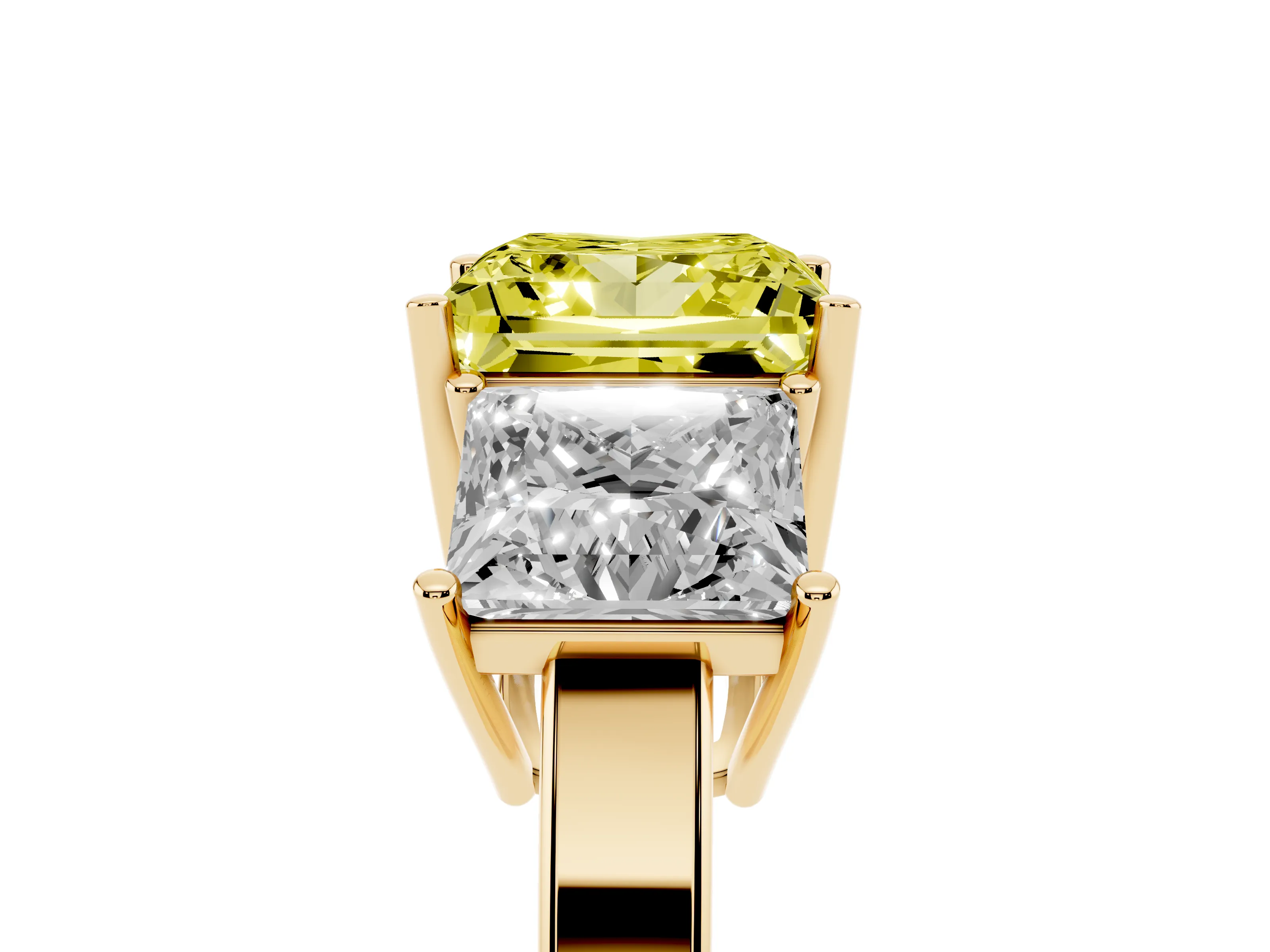 Fancy Yellow Princess Cut Diamond Three-Stone Engagement Ring Set in Yellow gold with Flat Band