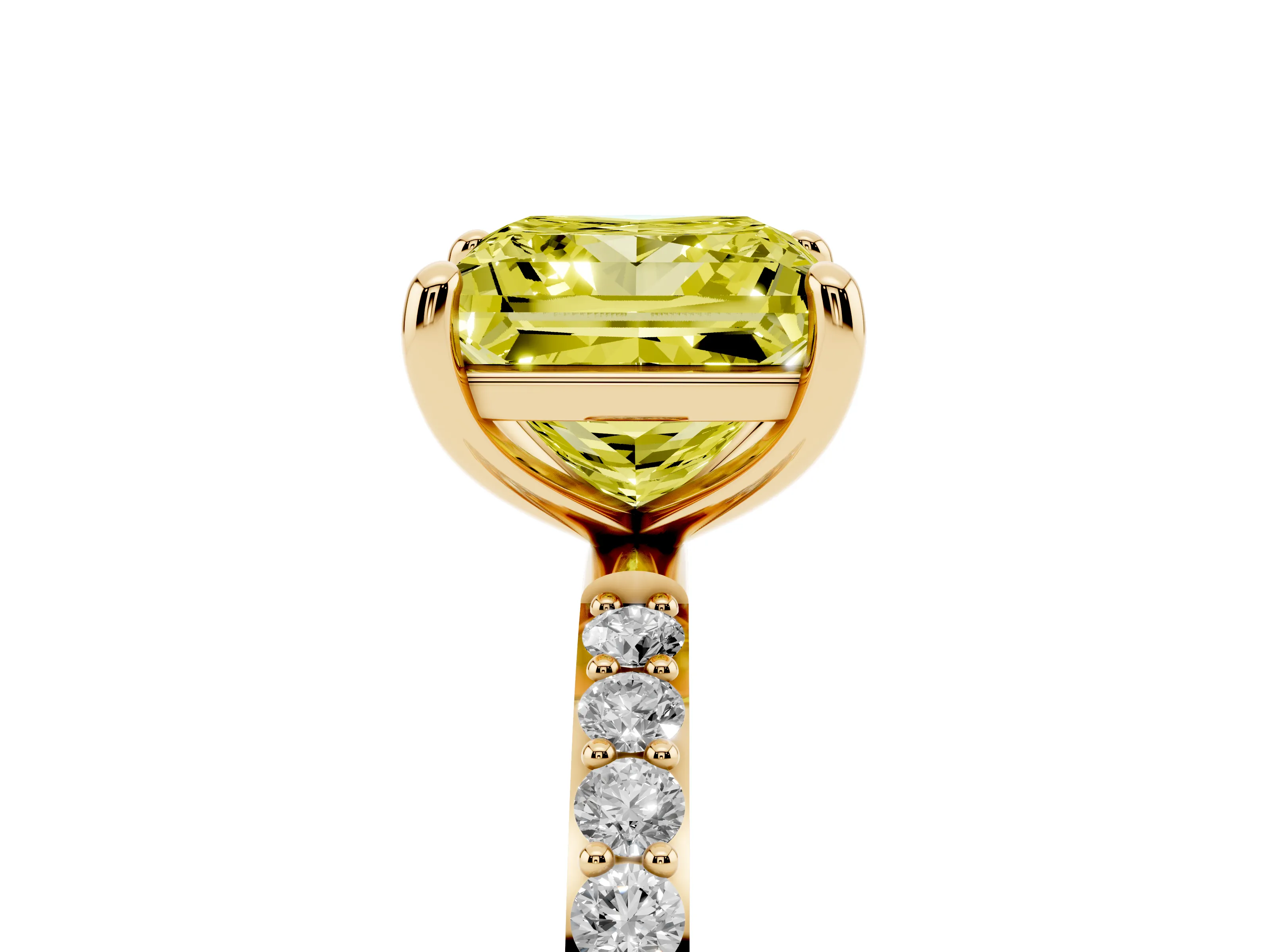 Fancy Yellow Princess Cut Diamond Solitaire Ring Set in Yellow gold with Round Pavé Band and Prong Setting