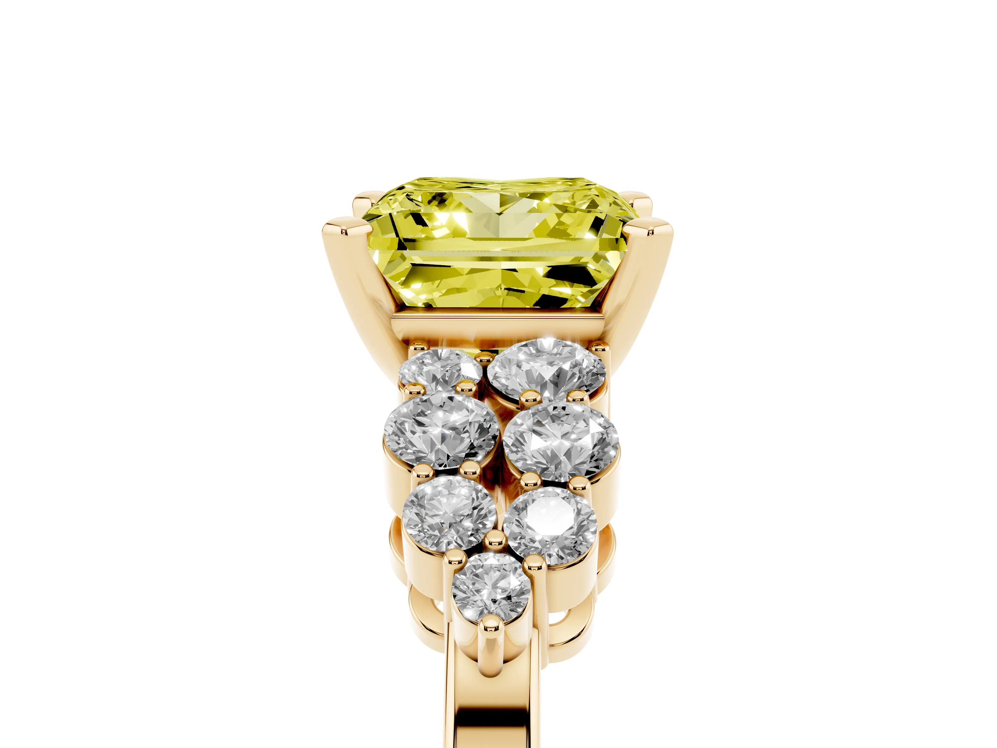 Fancy Yellow Princess Cut Diamond Cluster Engagement Ring Set in Yellow gold with Pavé Band and Prong Setting