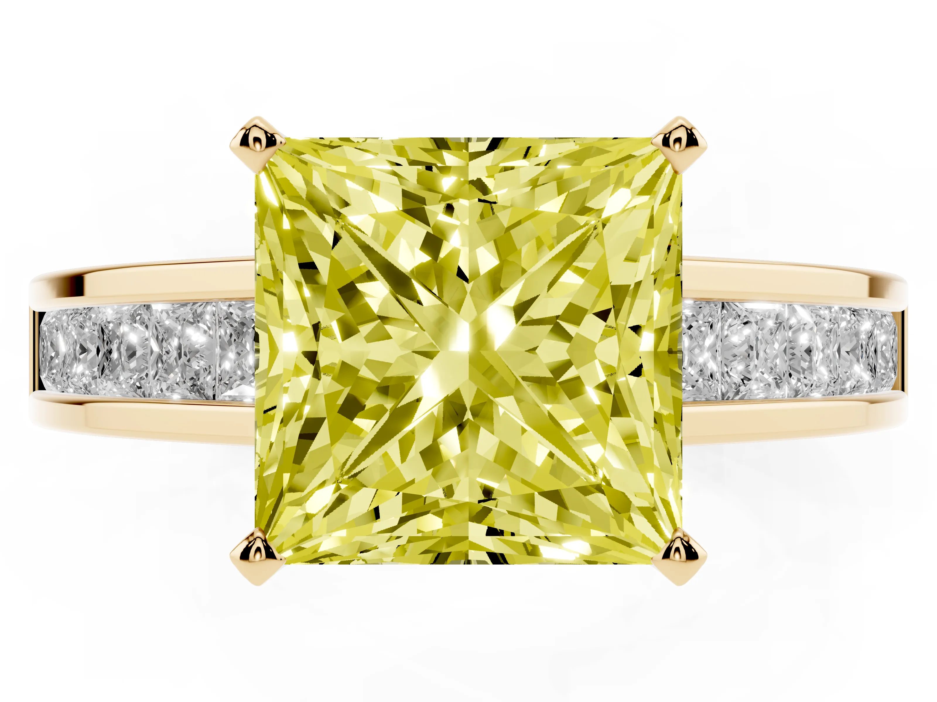 Fancy Yellow Princess Cut Diamond Solitaire Ring Set in Yellow gold with Channel-Set Band and Prong Setting