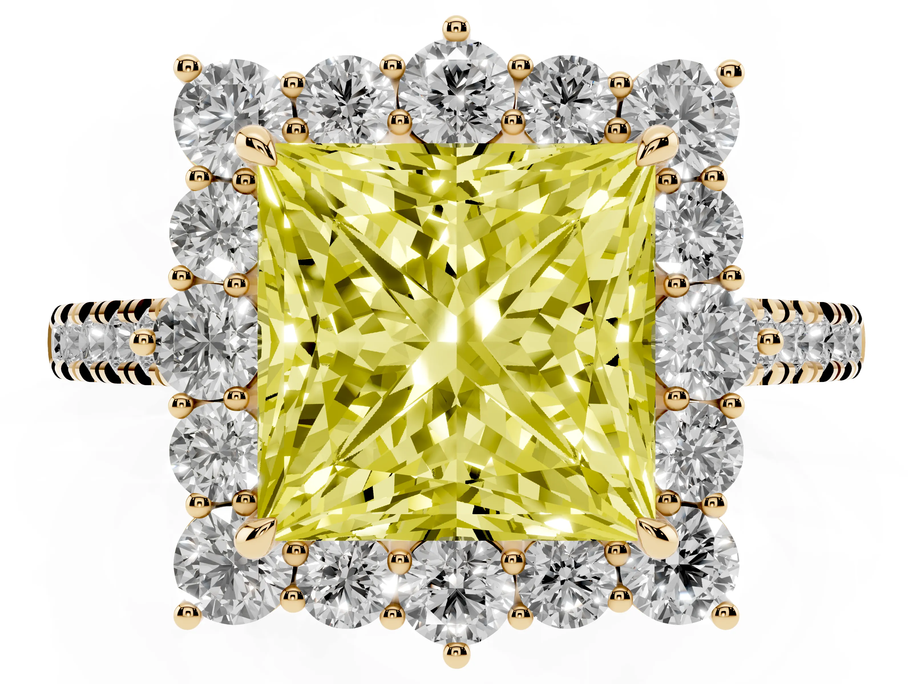Fancy Yellow Princess Cut Diamond Halo Ring Set in Yellow gold with Pavé Band and Prong Setting