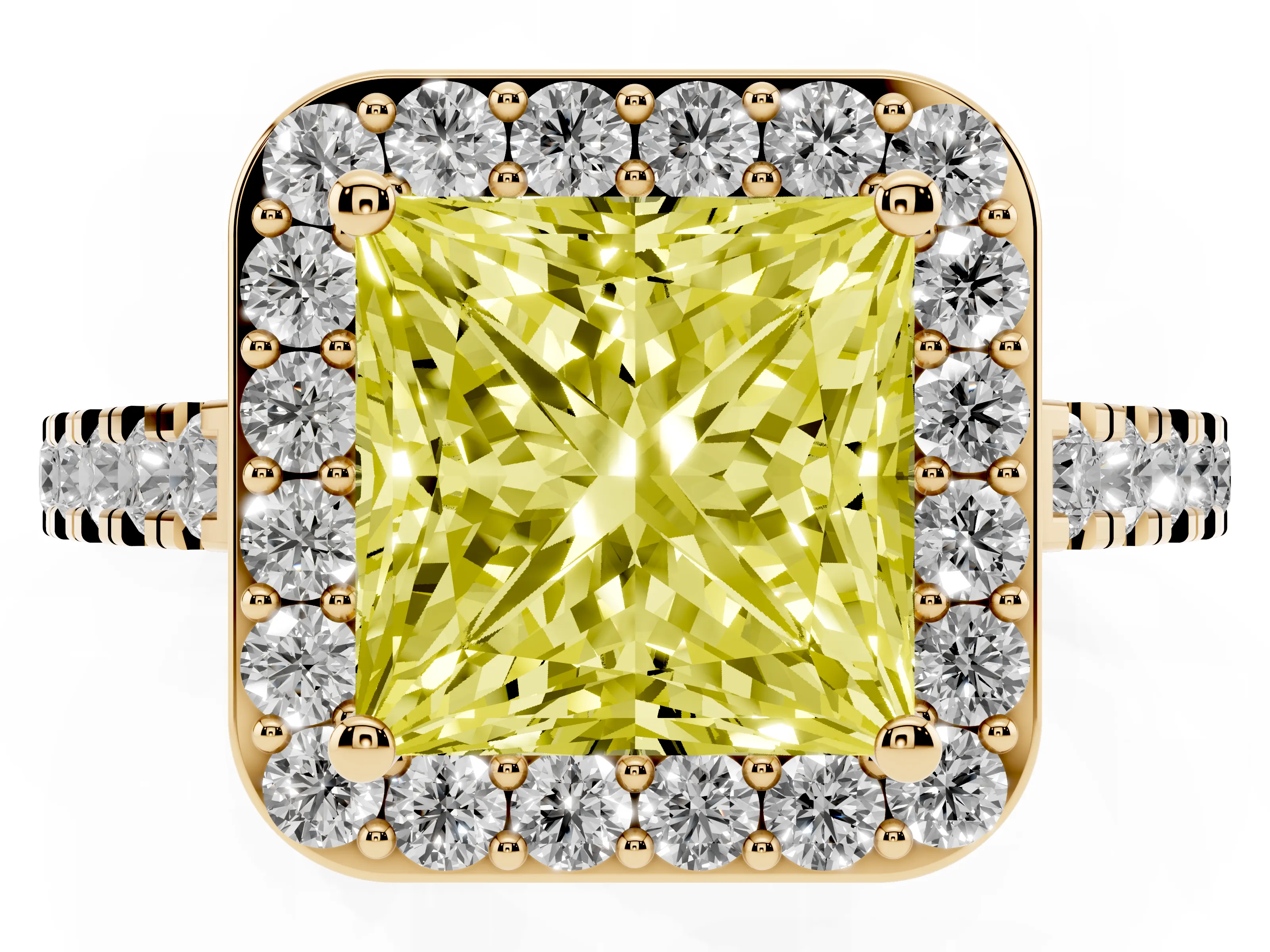Fancy Yellow Princess Cut Diamond Halo Ring Set in Yellow gold with Round Pavé Split Shank and Prong Setting