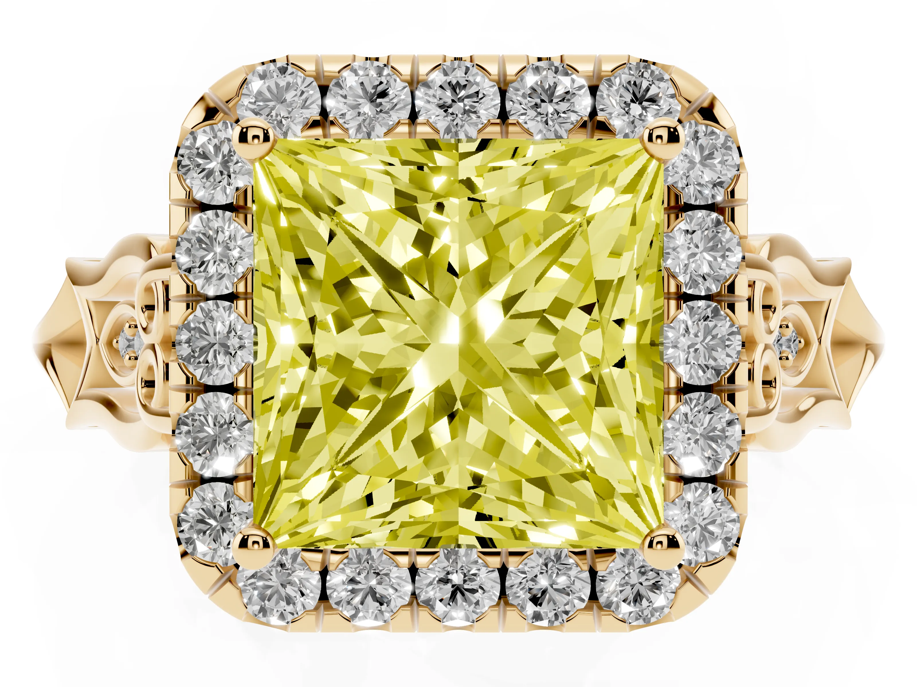 Fancy Yellow Princess Cut Diamond Halo Engagement Ring Set in Yellow gold with Filigree Band and Prong-Set Center