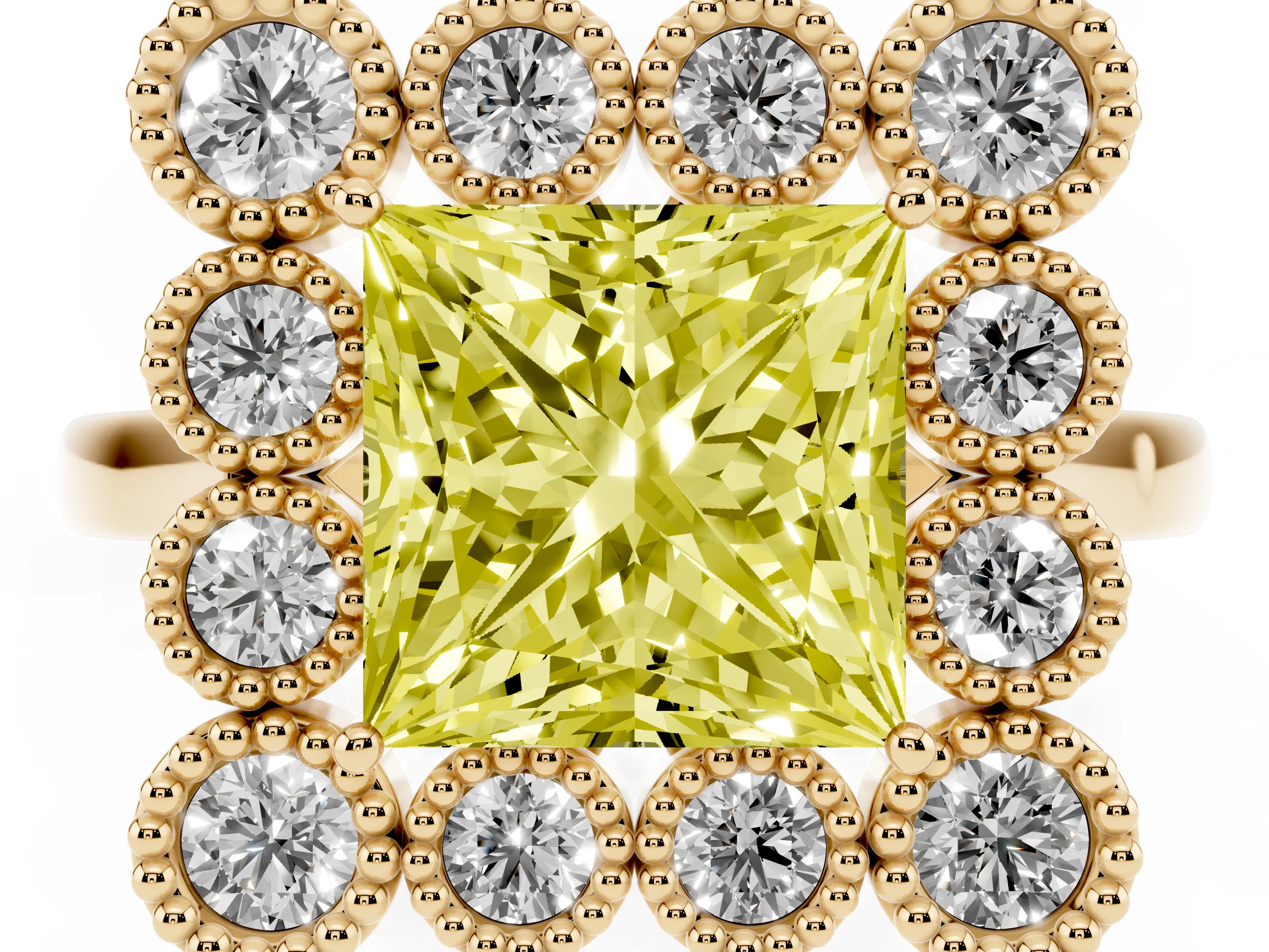 Fancy Yellow Princess Cut Diamond Cluster Halo Ring Set in Yellow gold with Milgrain Bezel Accents and Plain Band