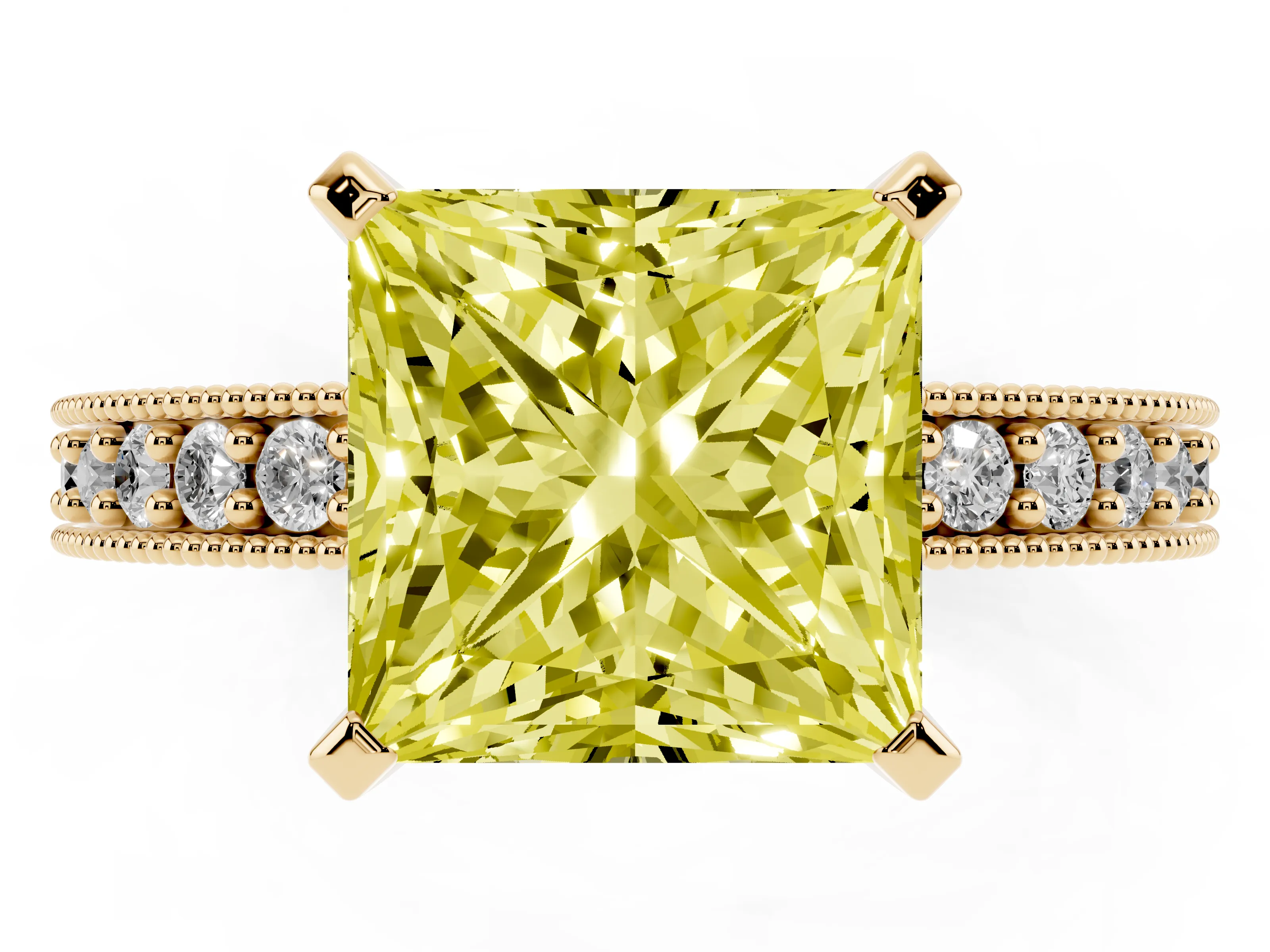 Fancy Yellow Princess Cut Diamond Milgrain Pavé Engagement Ring Set in Yellow gold with Prong Setting