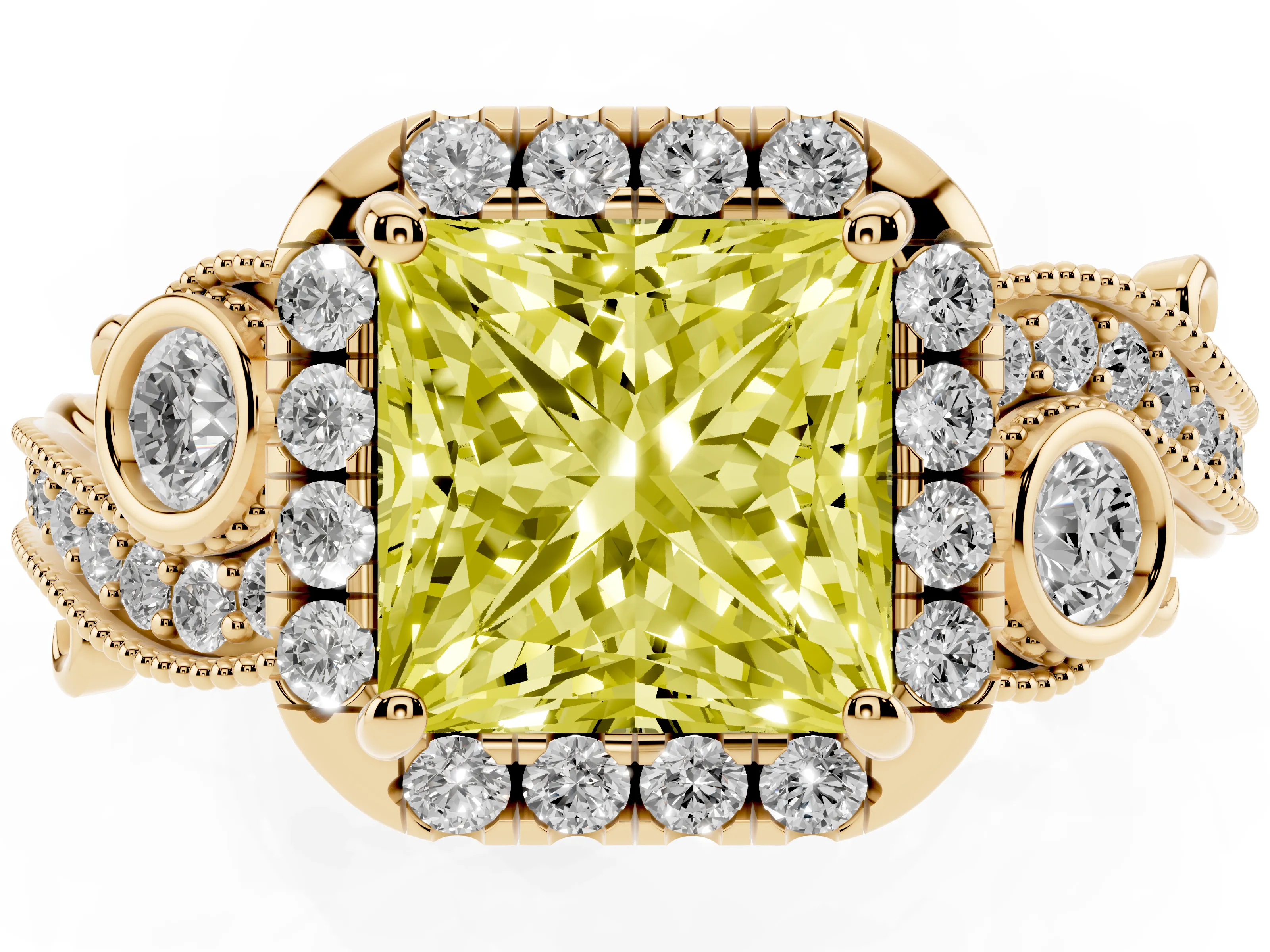 Fancy Yellow Princess Cut Diamond Halo Split Shank Ring Set in Yellow gold with Milgrain and Bezel Accents
