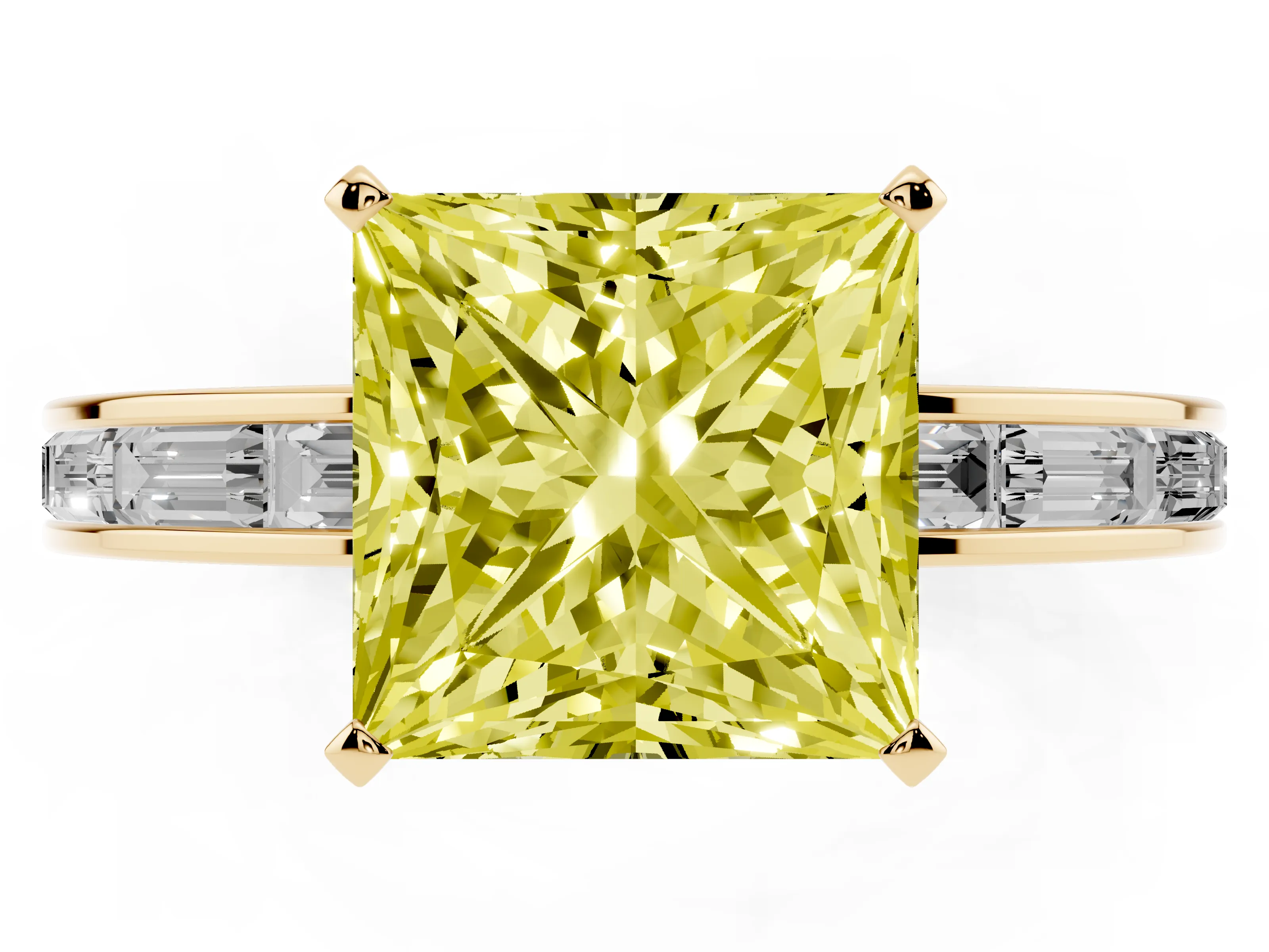 Fancy Yellow Princess Cut Diamond Solitaire Ring Set in Yellow gold with Channel-Set Baguette Band and Prong Setting