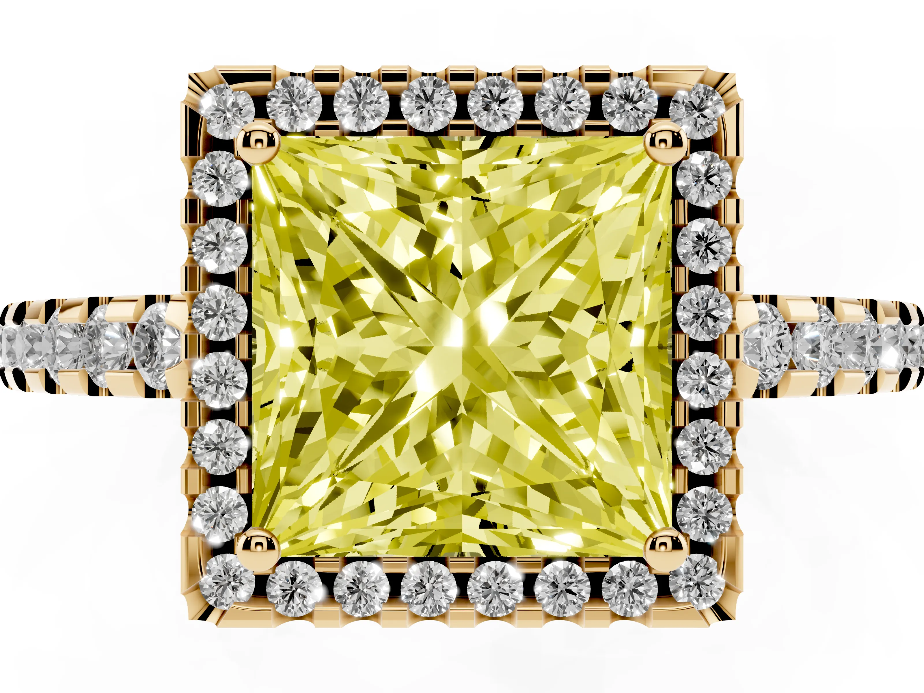 Fancy Yellow Princess Cut Diamond Halo Ring Set in Yellow gold with Pavé Shoulders and Halo-Framed Center