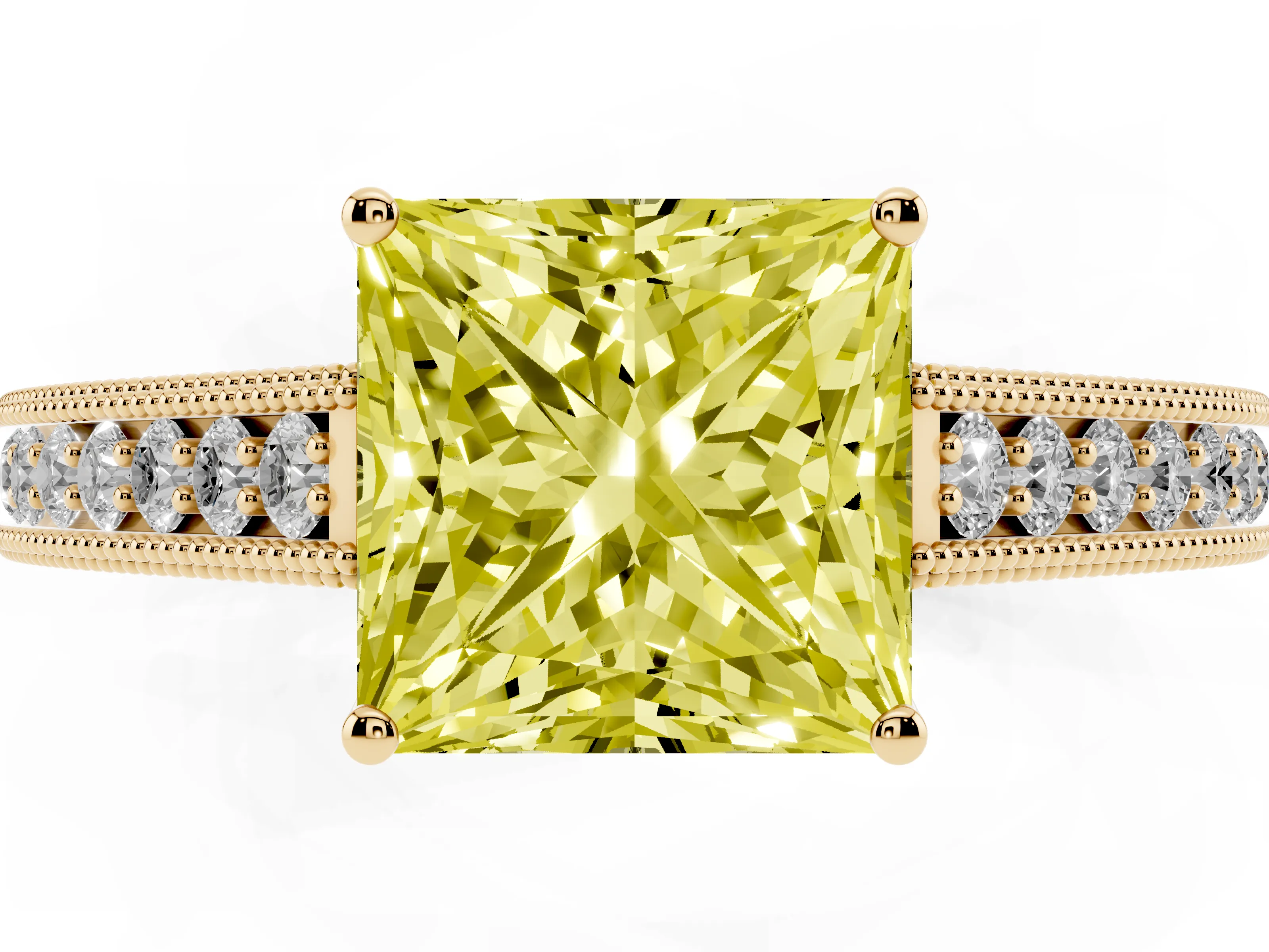 Fancy Yellow Princess Cut Diamond Milgrain Pavé Band Solitaire Ring Set in Yellow gold with Prong Setting