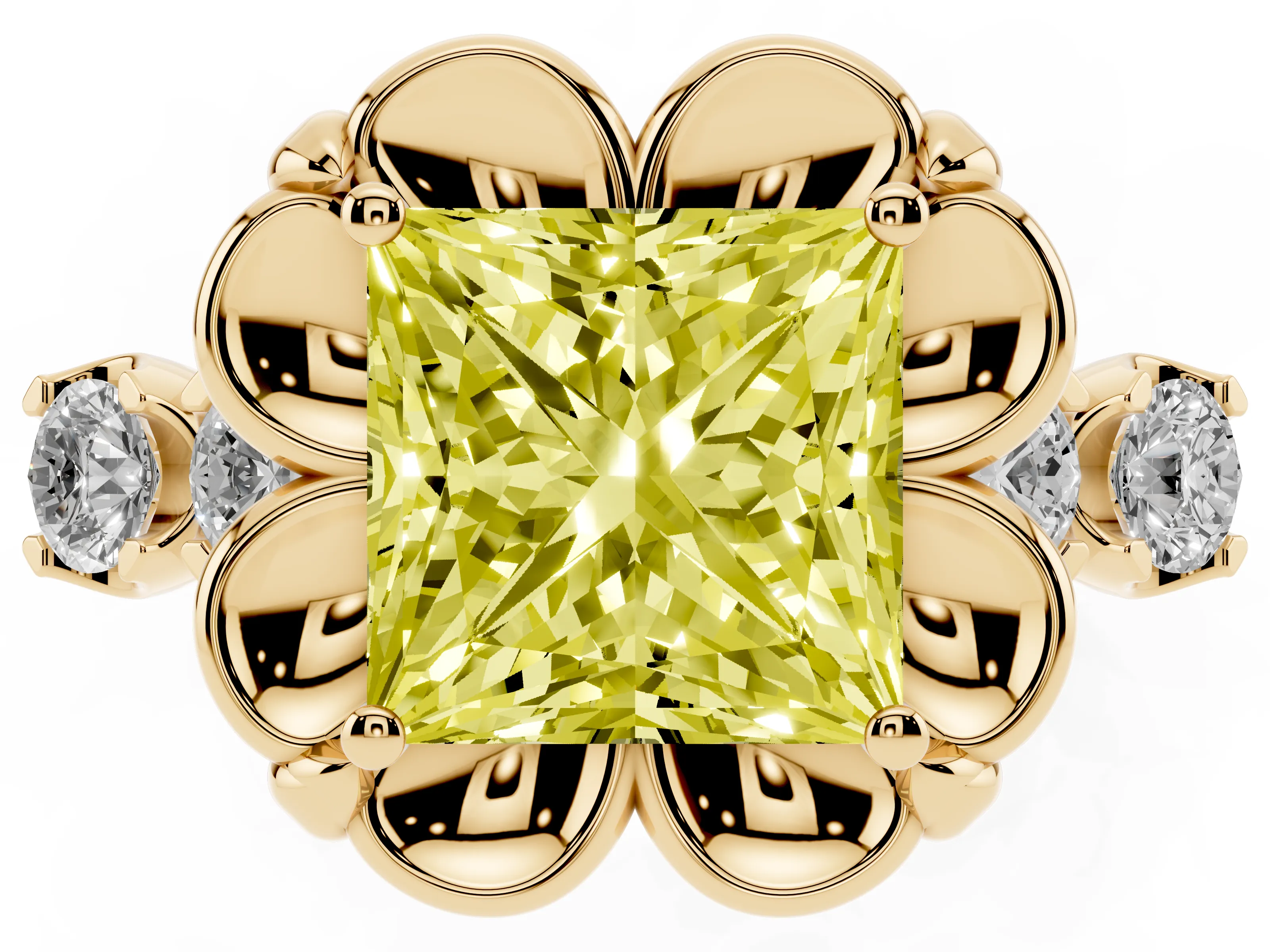 Fancy Yellow Princess Cut Diamond Floral Halo Ring Set in Yellow gold with Shared Prong Band