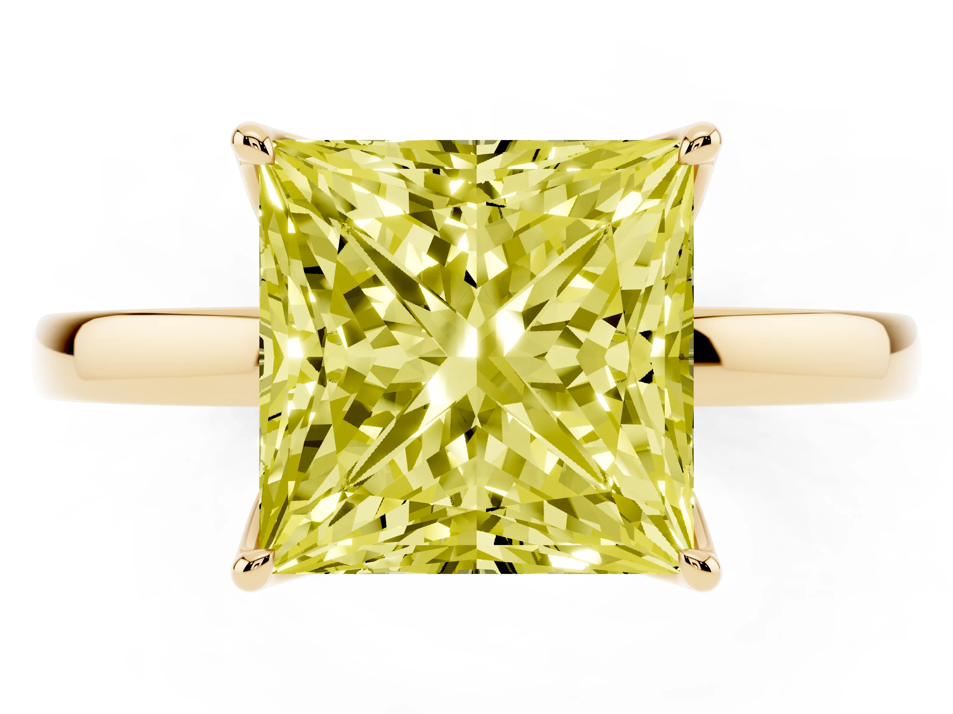 Fancy Yellow Princess Cut Diamond Solitaire Ring Set in Yellow gold with Prong Setting and Thin Polished Band