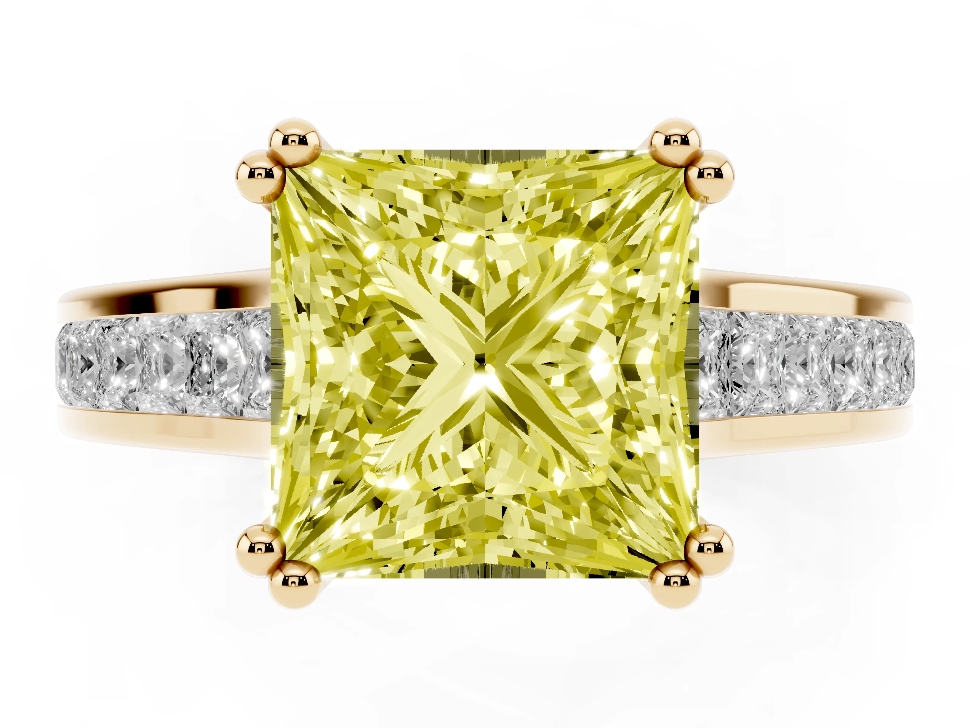 Fancy Yellow Princess Cut Diamond Channel Set Solitaire Engagement Ring Set in Yellow gold with Prong Setting