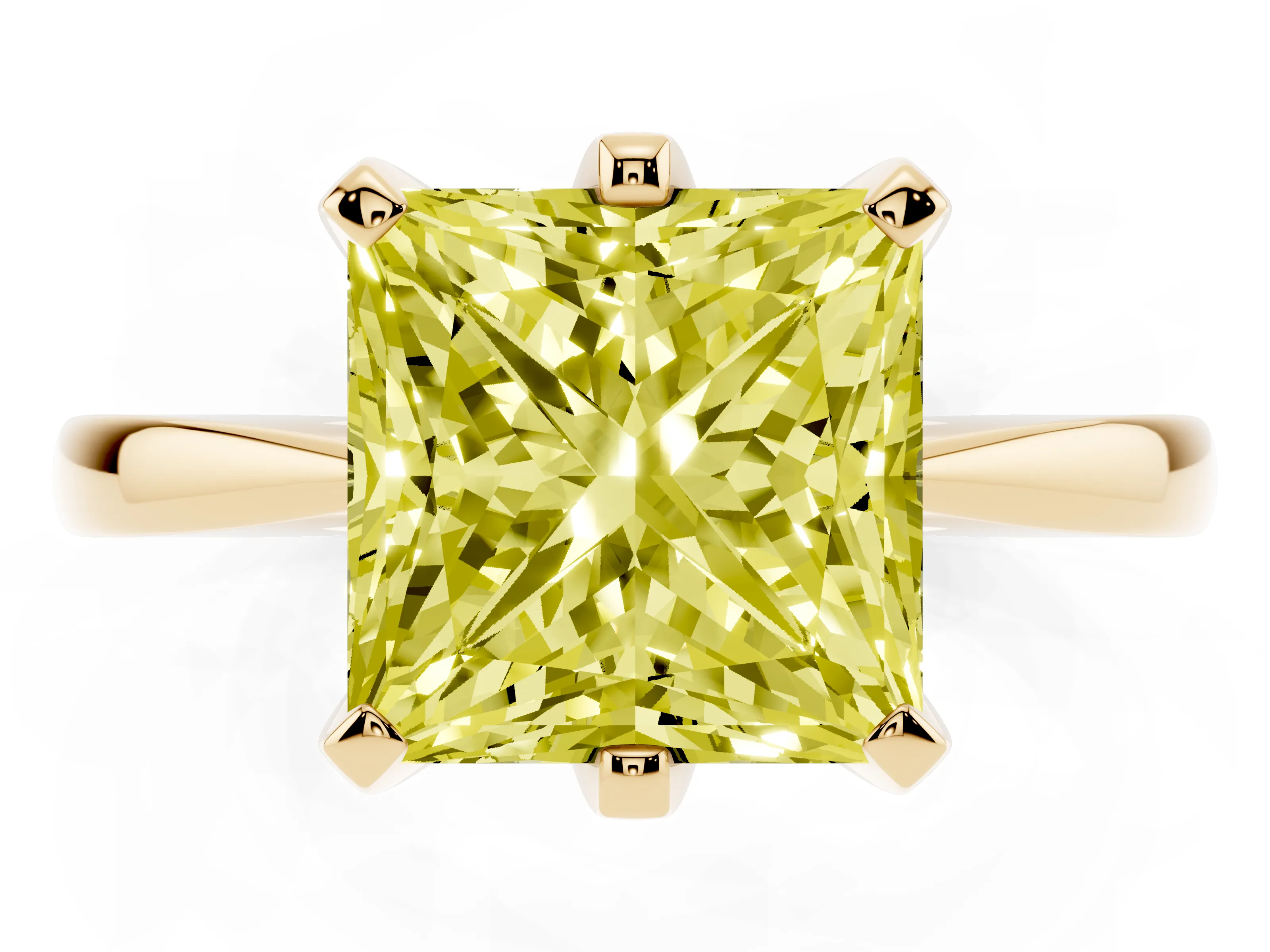 Fancy Yellow Princess Cut Diamond Solitaire Engagement Ring Set in Yellow gold with Slim Tapered Solitaire Band