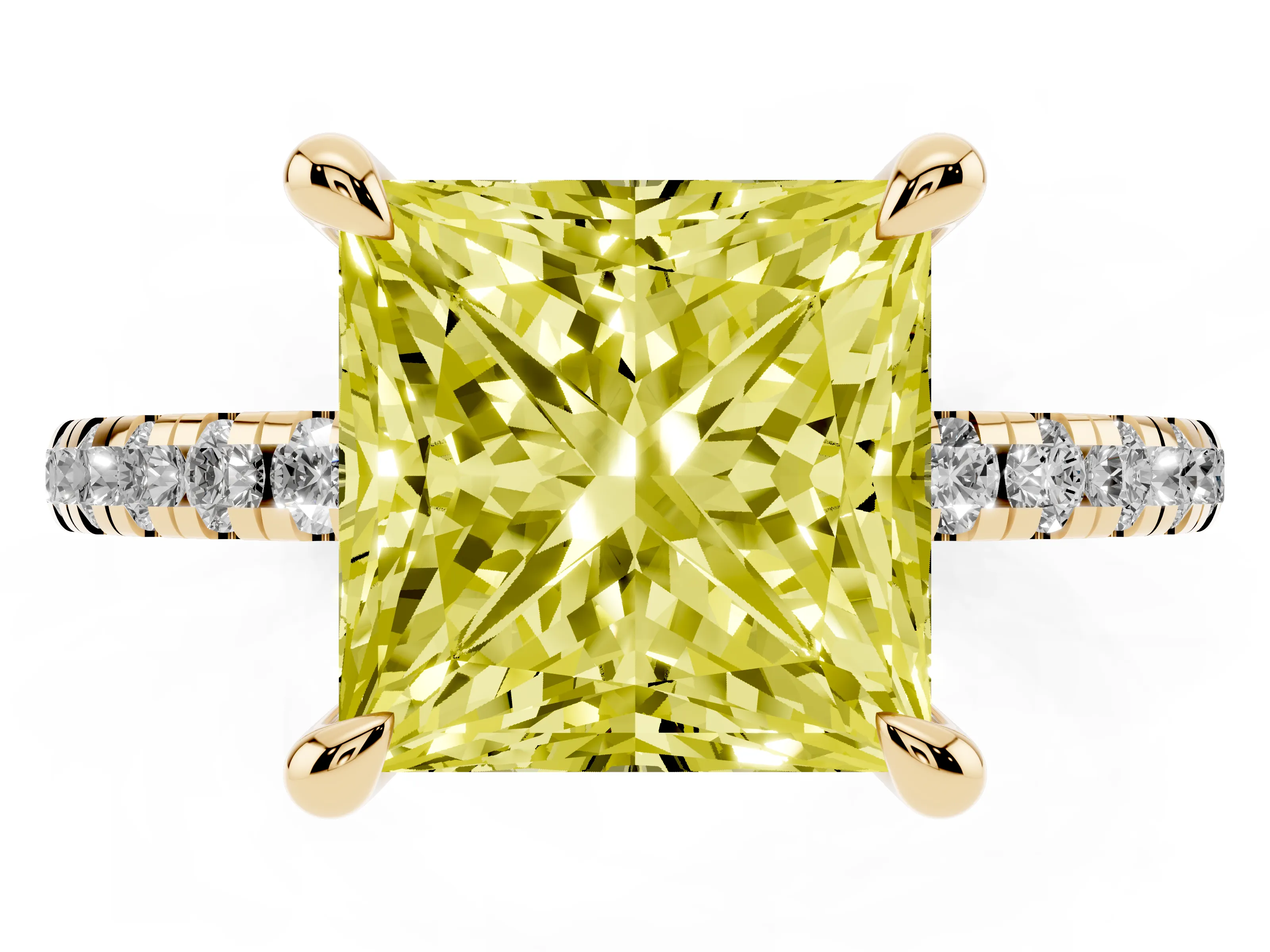 Fancy Yellow Princess Cut Diamond Brilliant Solitaire Ring Set in Yellow gold with Pavé Band and Prong Setting