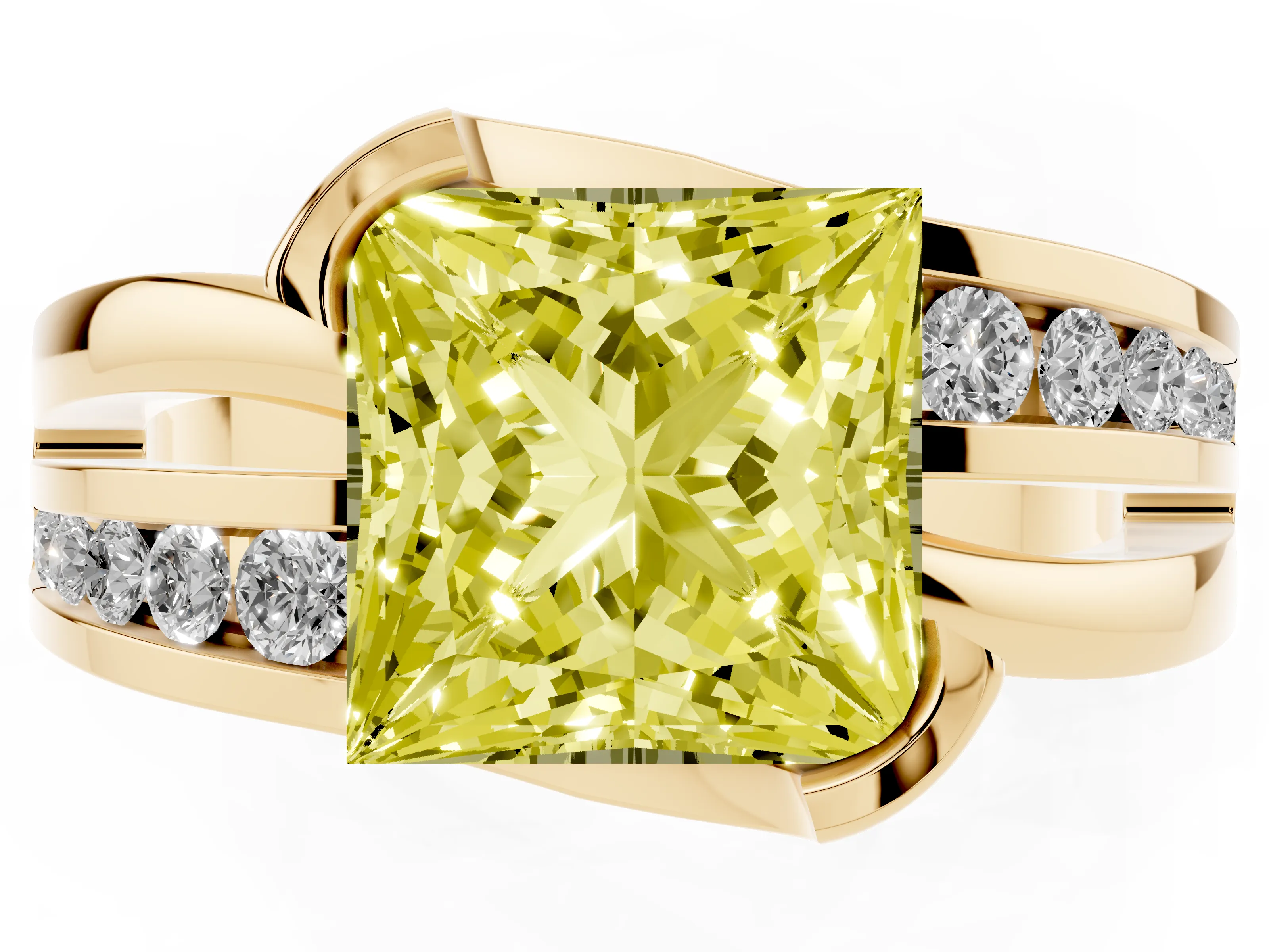 Fancy Yellow Princess Cut Diamond Solitaire Ring Set in Yellow gold with Channel Set Split Shank and Tension Prongs