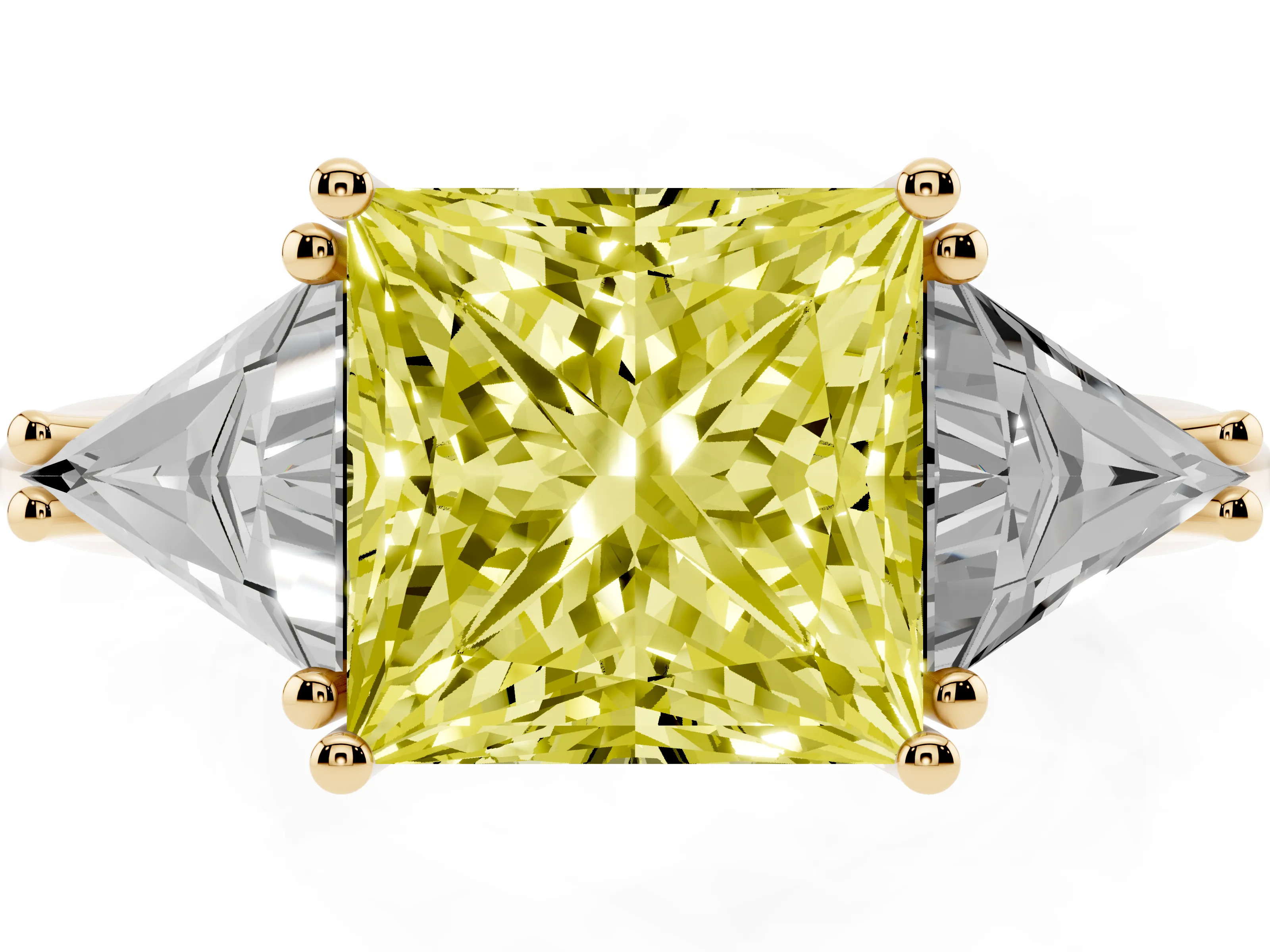 Fancy Yellow Princess Cut Diamond Three-Stone Engagement Ring Set in Yellow gold with Trillion Side Stones