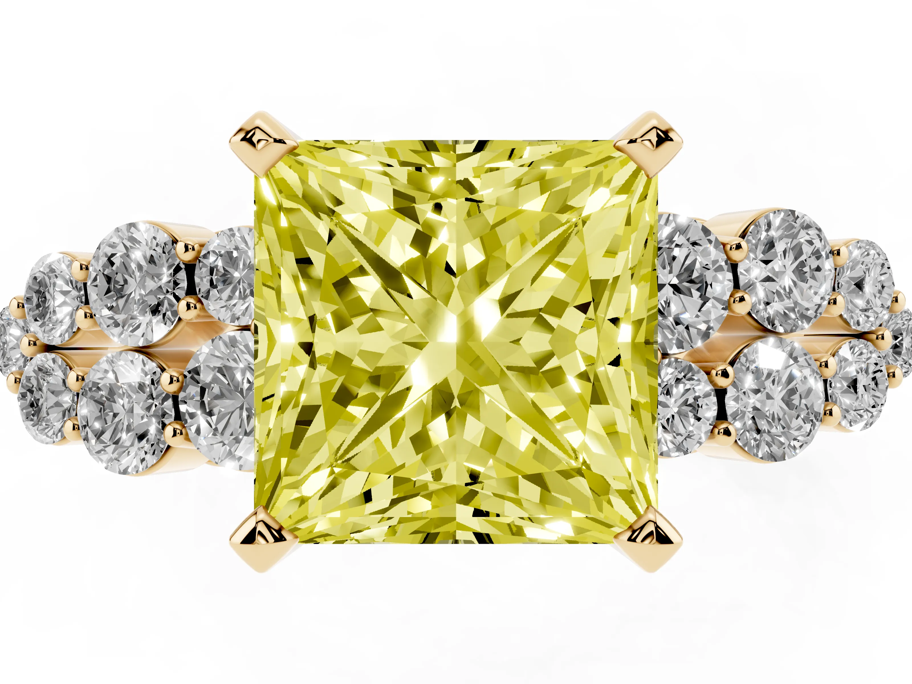 Fancy Yellow Princess Cut Diamond Cluster Engagement Ring Set in Yellow gold with Pavé Band and Prong Setting