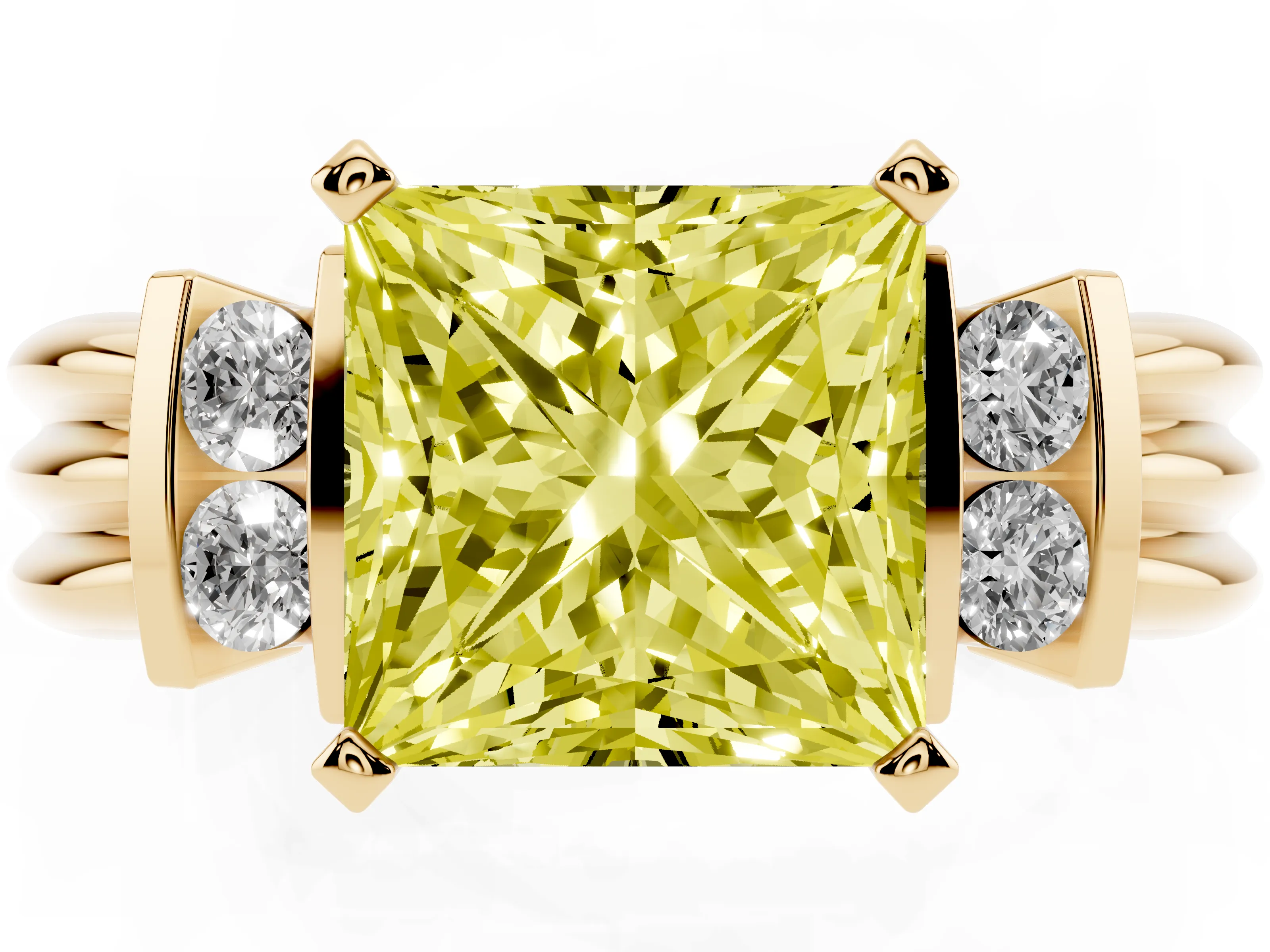 Fancy Yellow Three-Stone Princess Cut Diamond Channel Set Ring Set in Yellow gold with Bar Prongs