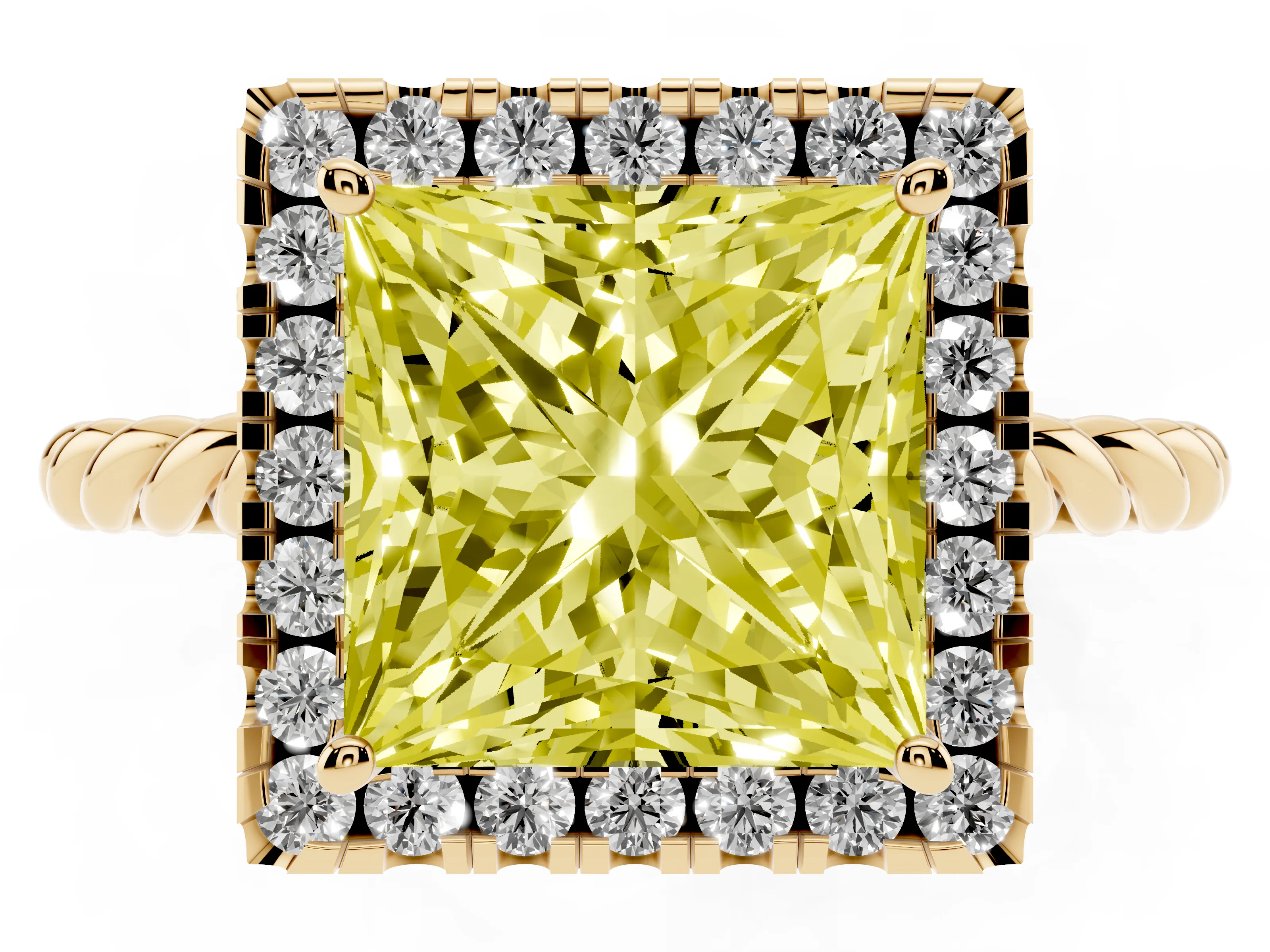 Fancy Yellow Princess Cut Diamond Halo Ring Set in Yellow gold with Plain Twisted Band