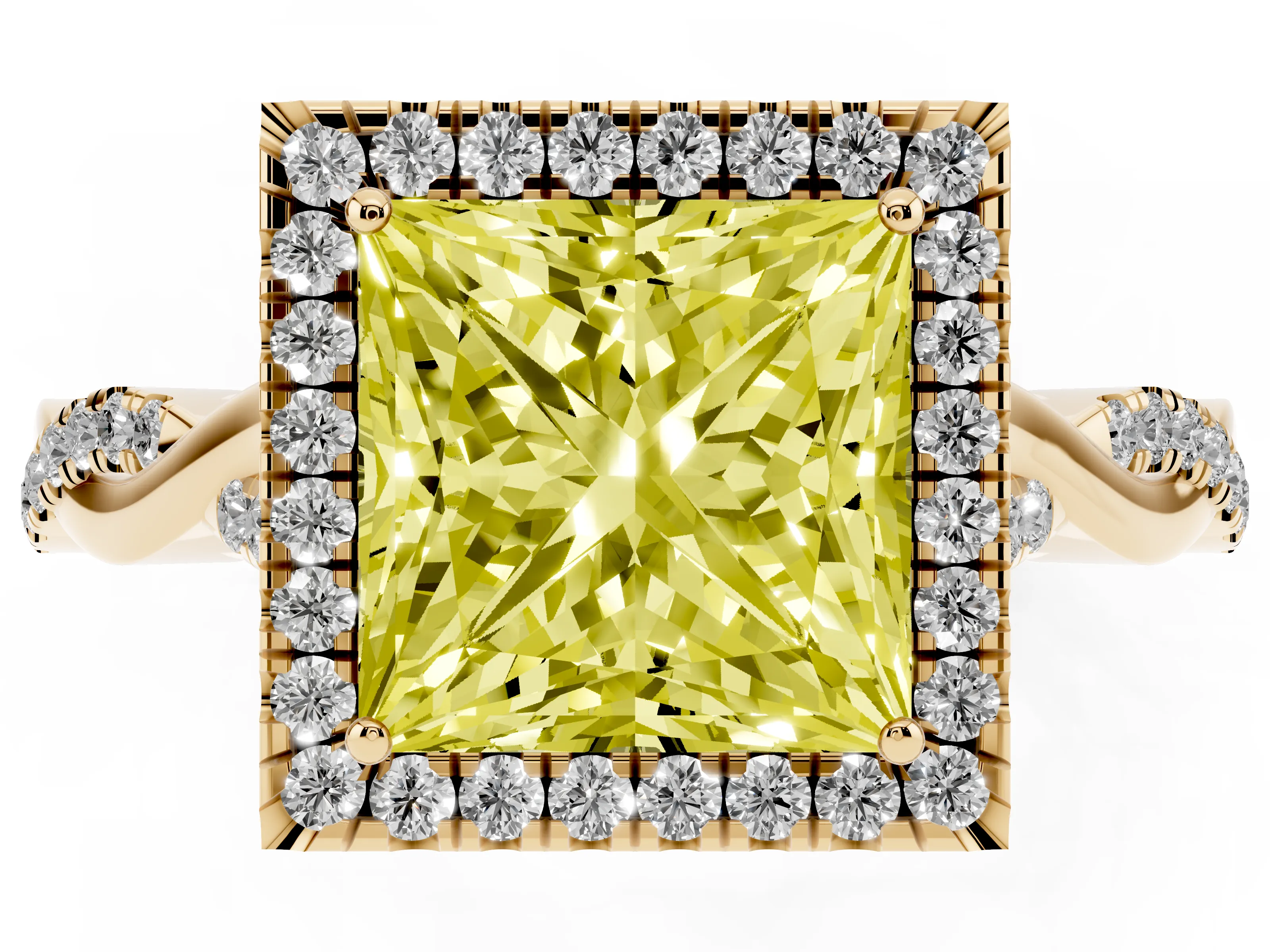 Fancy Yellow Princess Cut Diamond Halo Twist Band Solitaire Ring Set in Yellow gold with Prong Setting