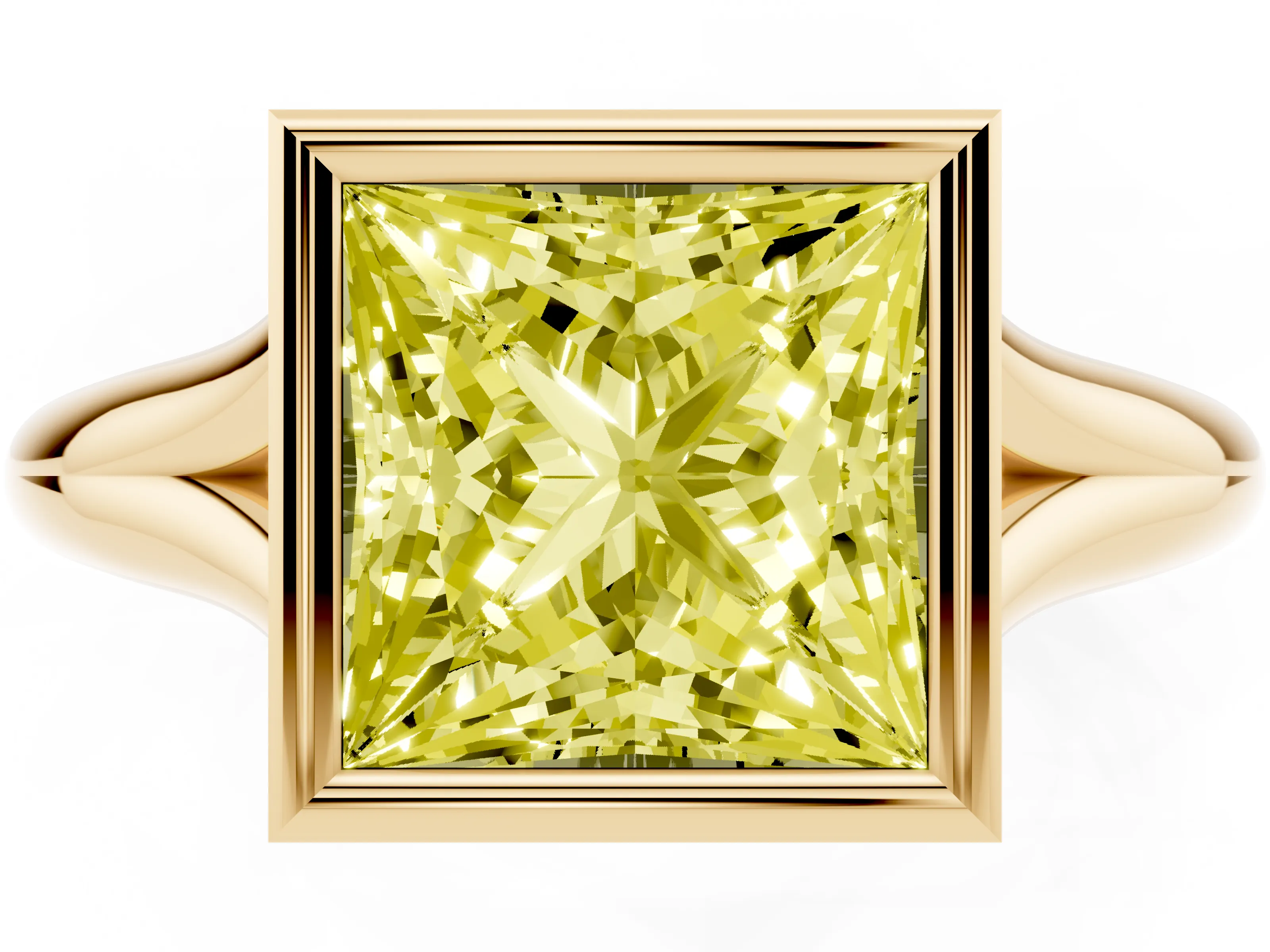Fancy Yellow Bezel Set Princess Cut Diamond Solitaire Ring Set in Yellow gold with Smooth Band