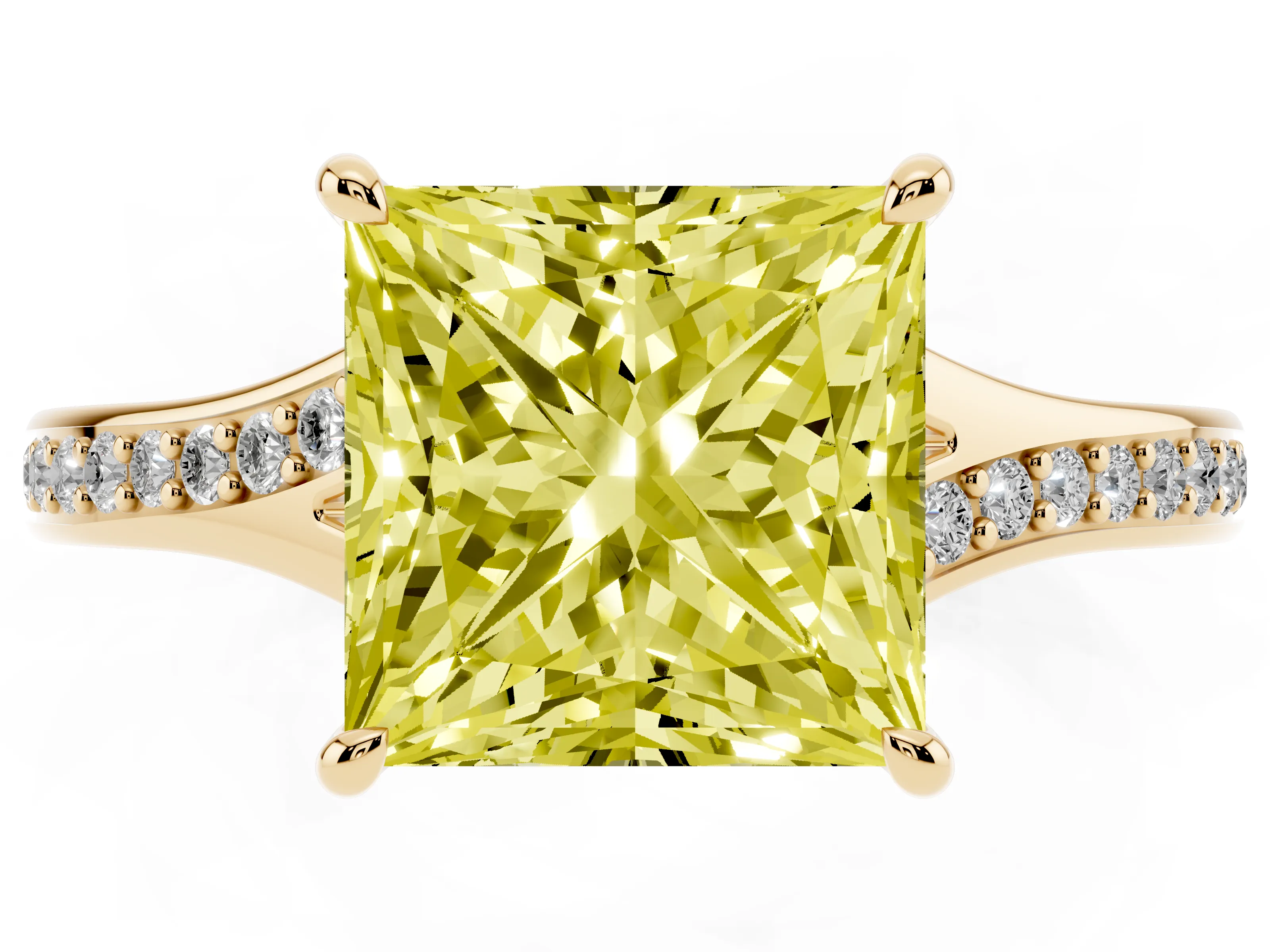 Fancy Yellow Princess Cut Diamond Solitaire Ring Set in Yellow gold with Pavé Accent Band and Classic Prong Setting