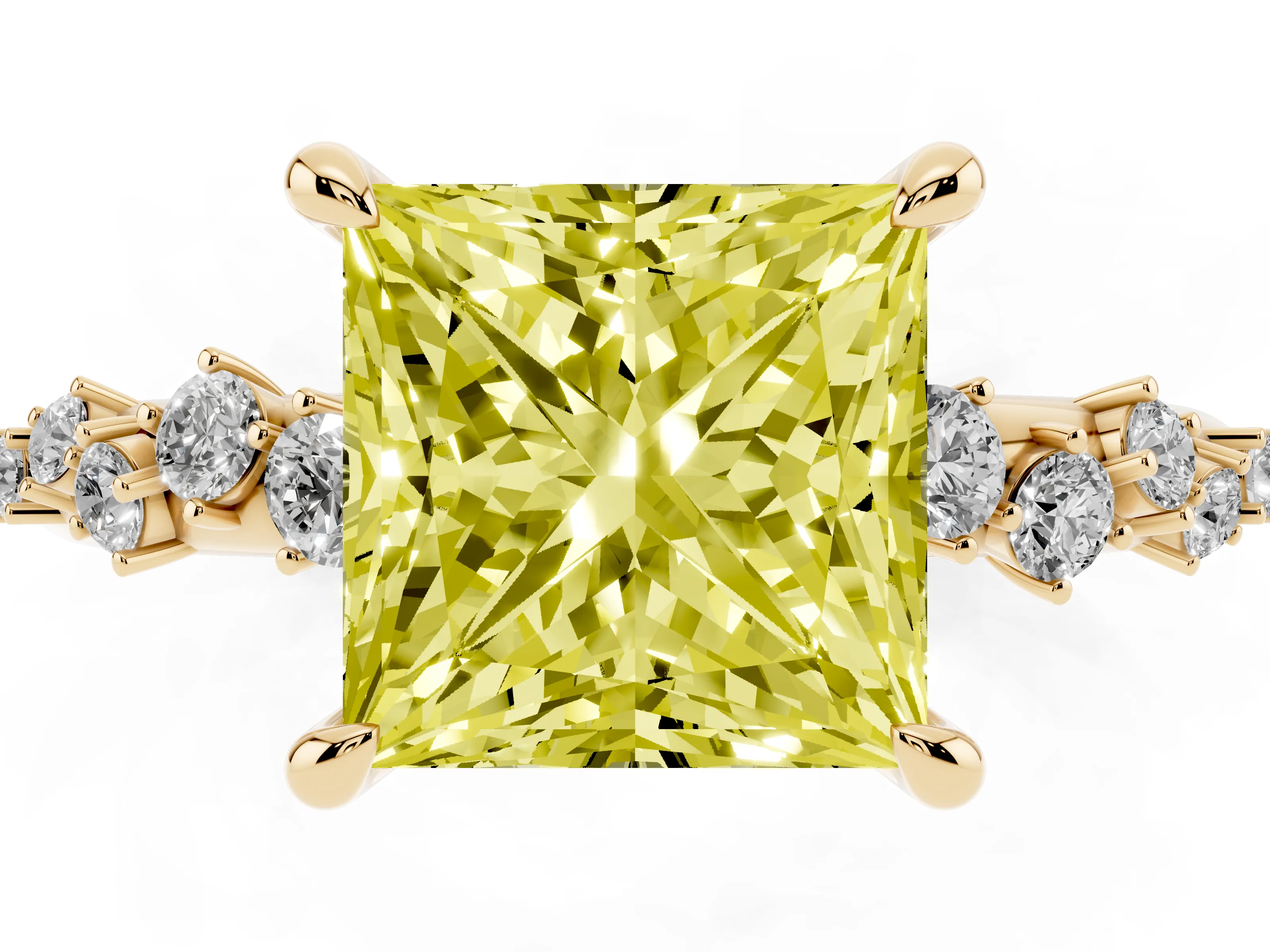Fancy Yellow Princess Cut Diamond Solitaire Vine Band Ring Set in Yellow gold with Round Accents and Prong Setting