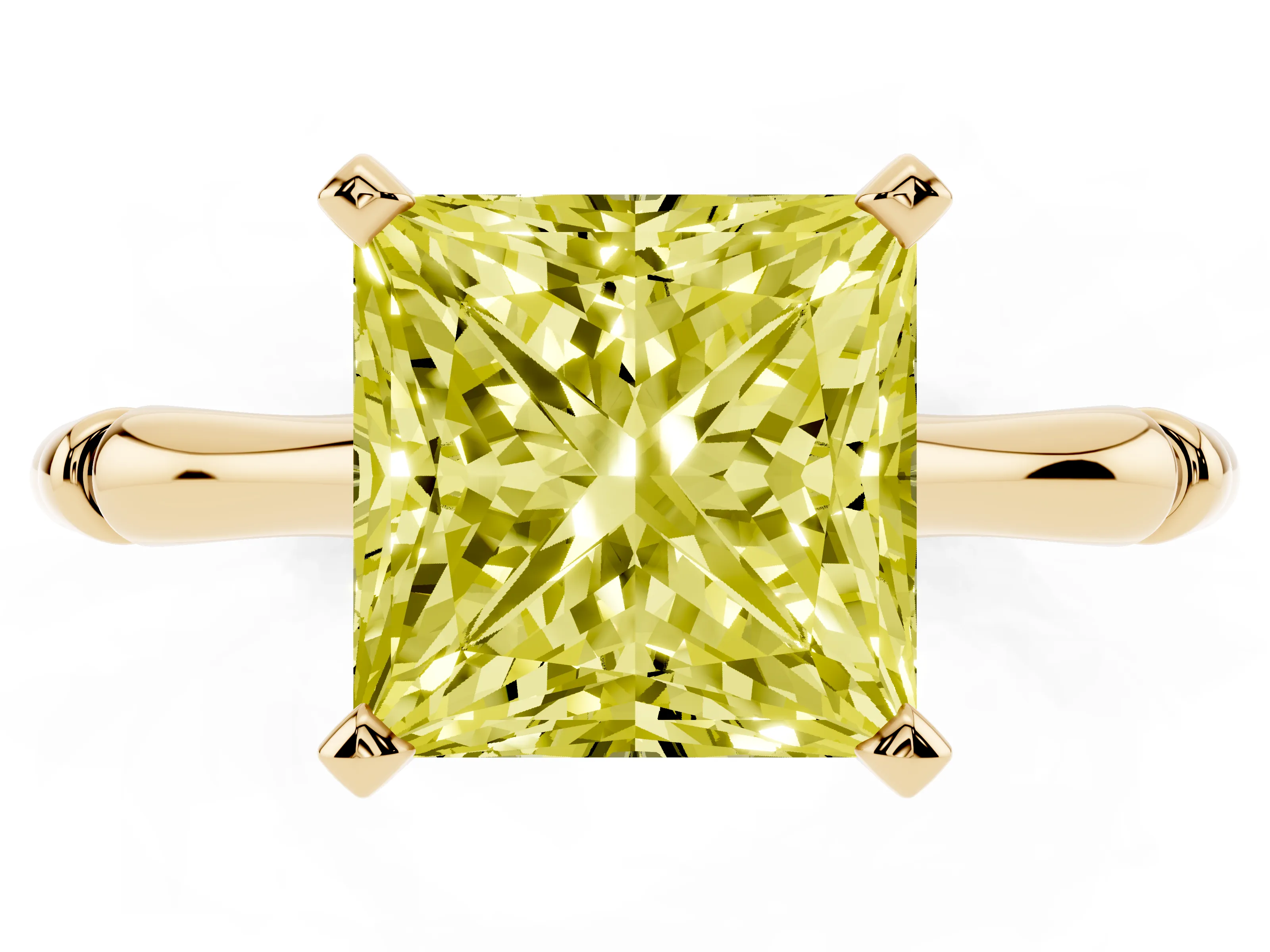 Fancy Yellow Princess Cut Diamond Solitaire Ring Set in Yellow gold with Bamboo Band and Prong Setting