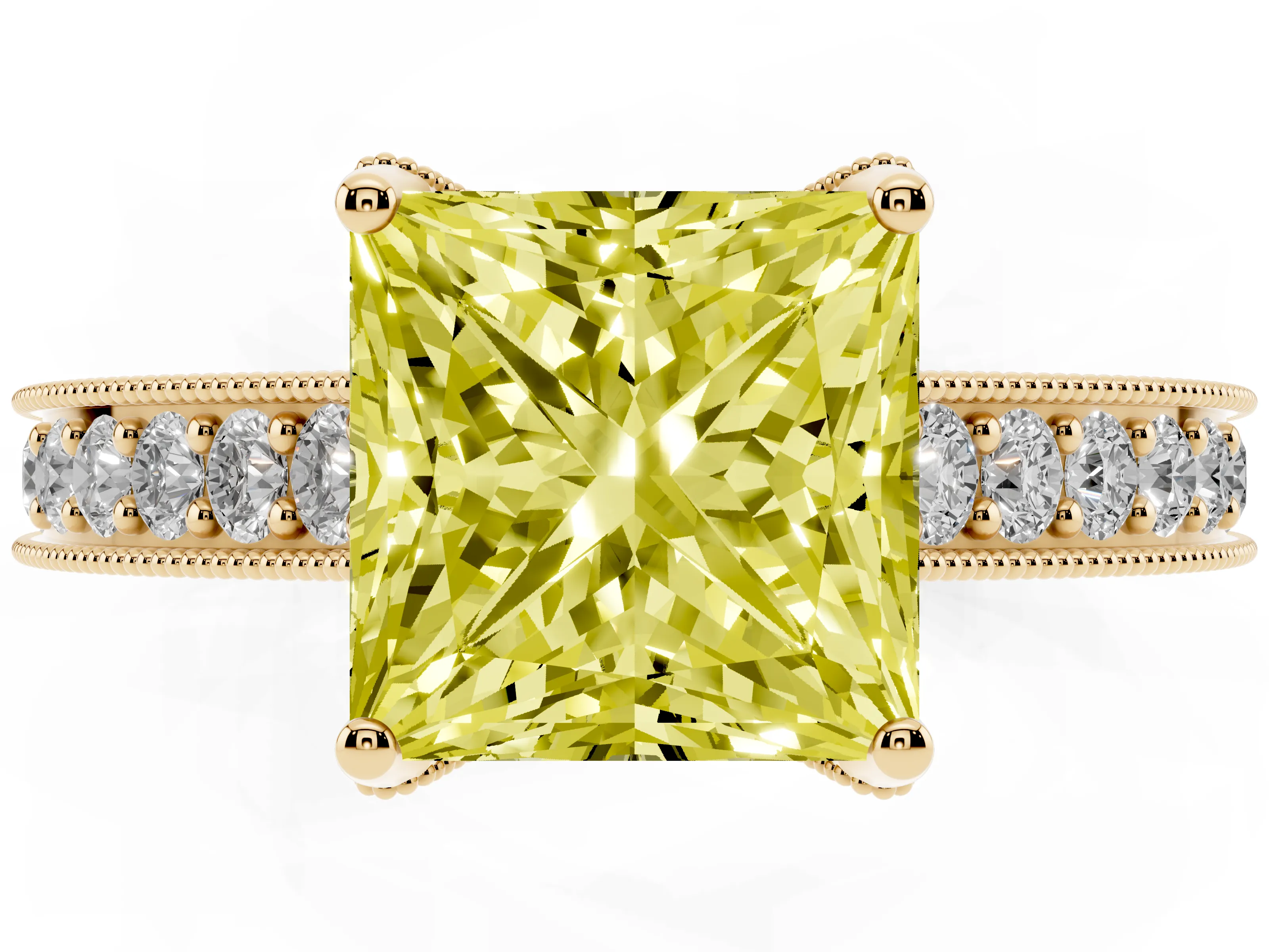Fancy Yellow Princess Cut Diamond Solitaire Ring Set in Yellow gold with Milgrain-Edged Pavé Band and Prong Setting