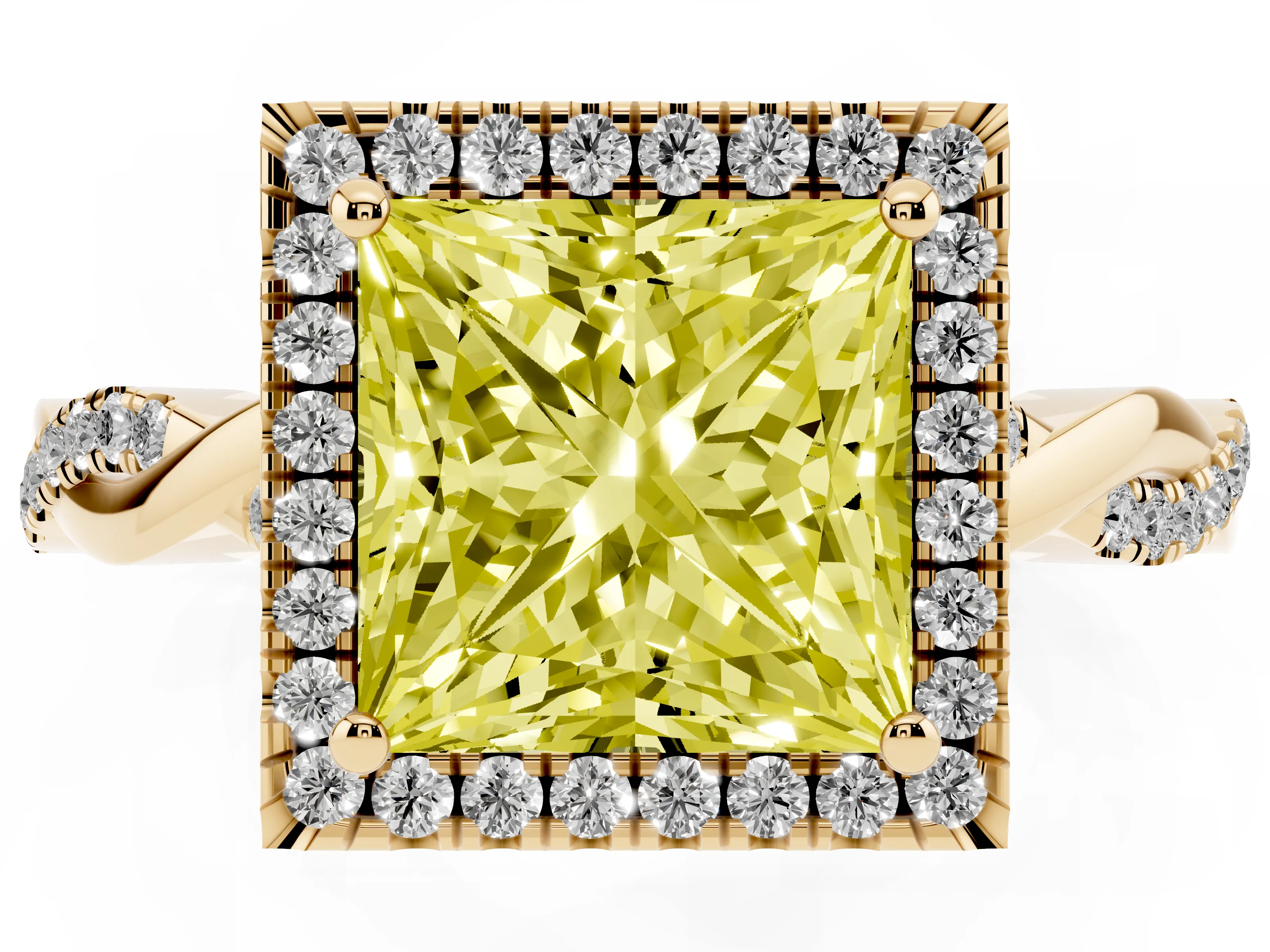 Fancy Yellow Princess Cut Diamond Halo Twisted Band Ring Set in Yellow gold with Prong Setting