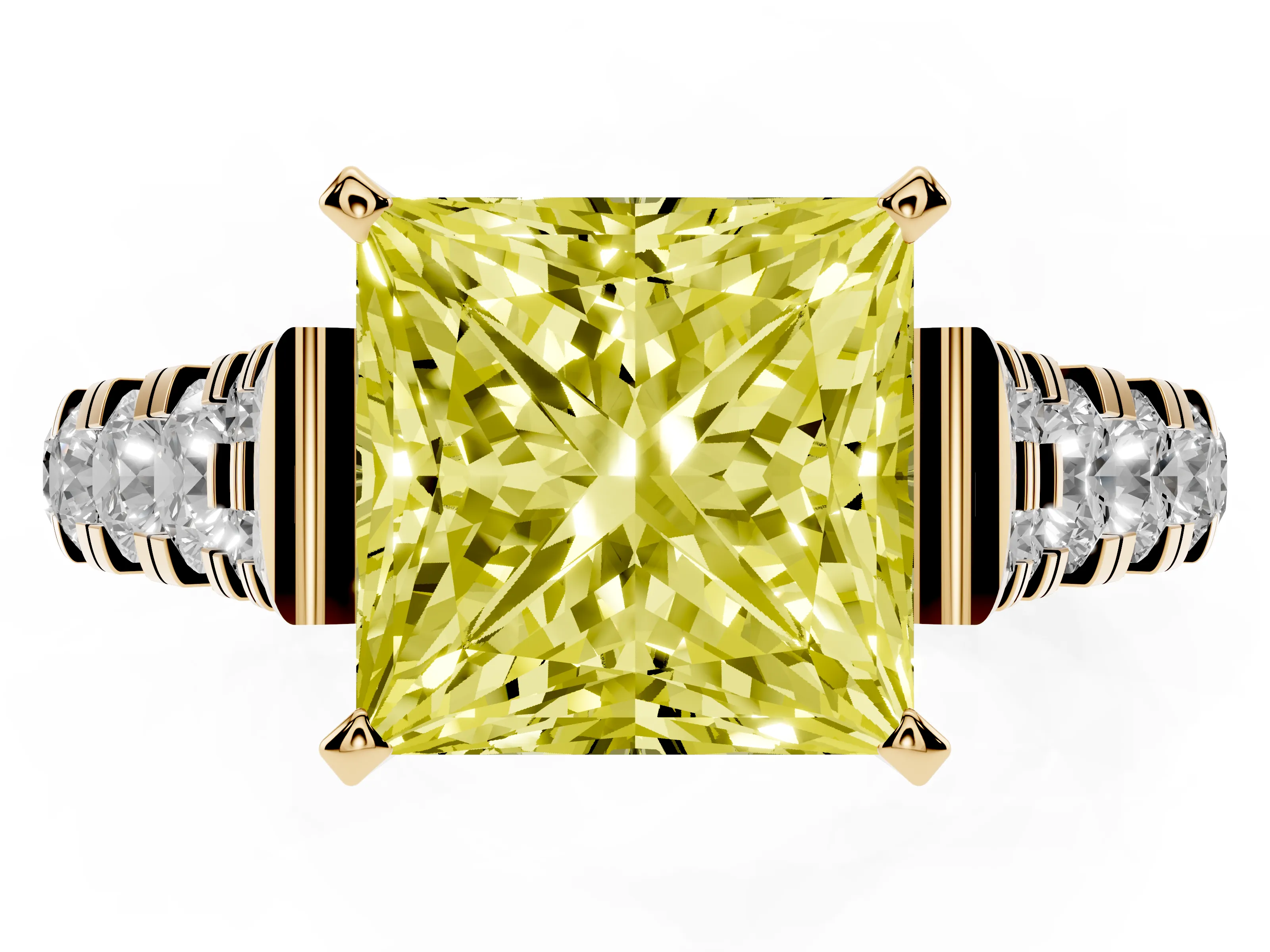 Fancy Yellow Princess Cut Diamond Classic Solitaire Ring Set in Yellow gold with Pavé Band and Prong Setting