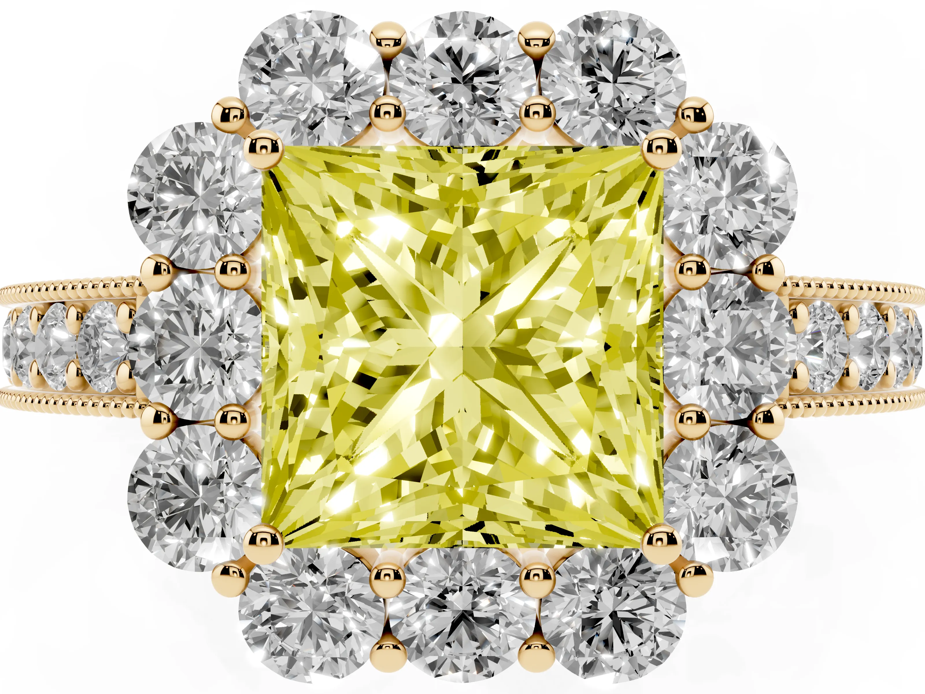Fancy Yellow Princess Cut Diamond Halo Pavé Engagement Ring Set in Yellow gold with Milgrain Detailing
